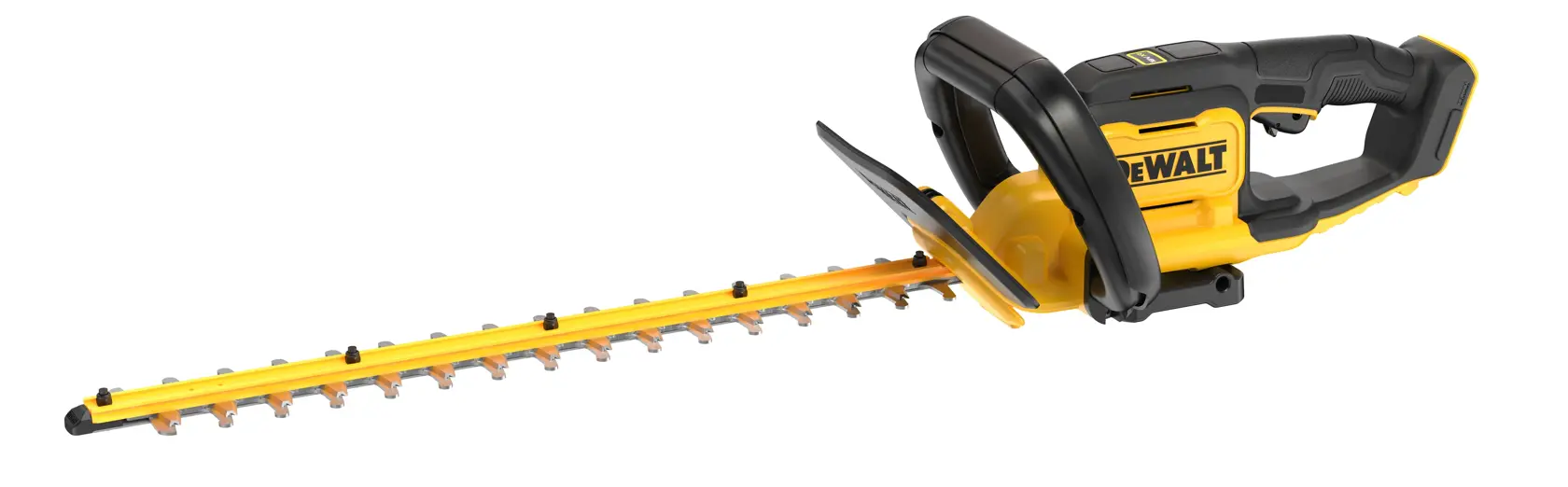 Cortasetos inalámbrico DEWALT amarillo y negro con hoja larga y mango ergonómico sobre fondo blanco.