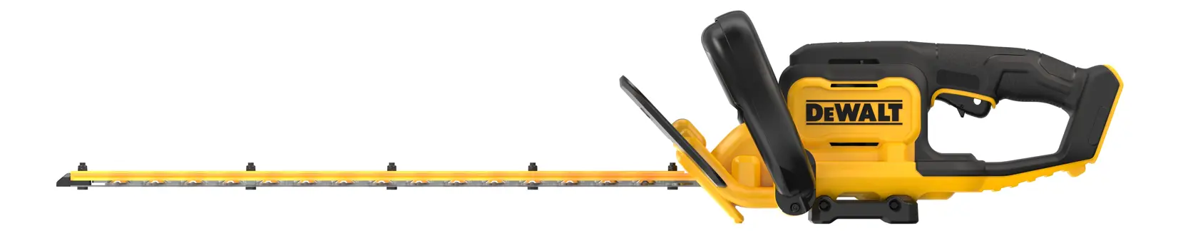 Cortasetos inalámbrico amarillo y negro con mango ergonómico DEWALT, mostrado sobre fondo blanco.