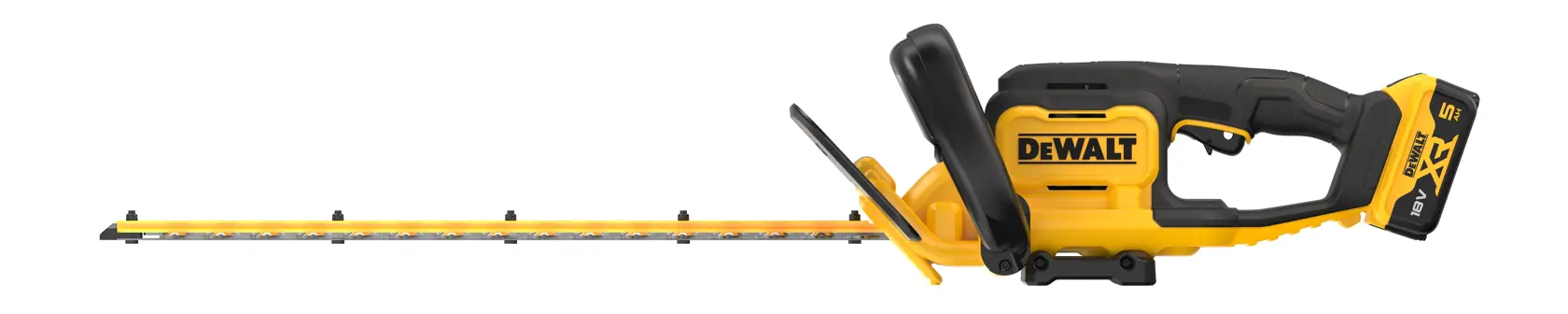 Cortasetos inalámbrico amarillo y negro con hoja larga y mango ergonómico.
