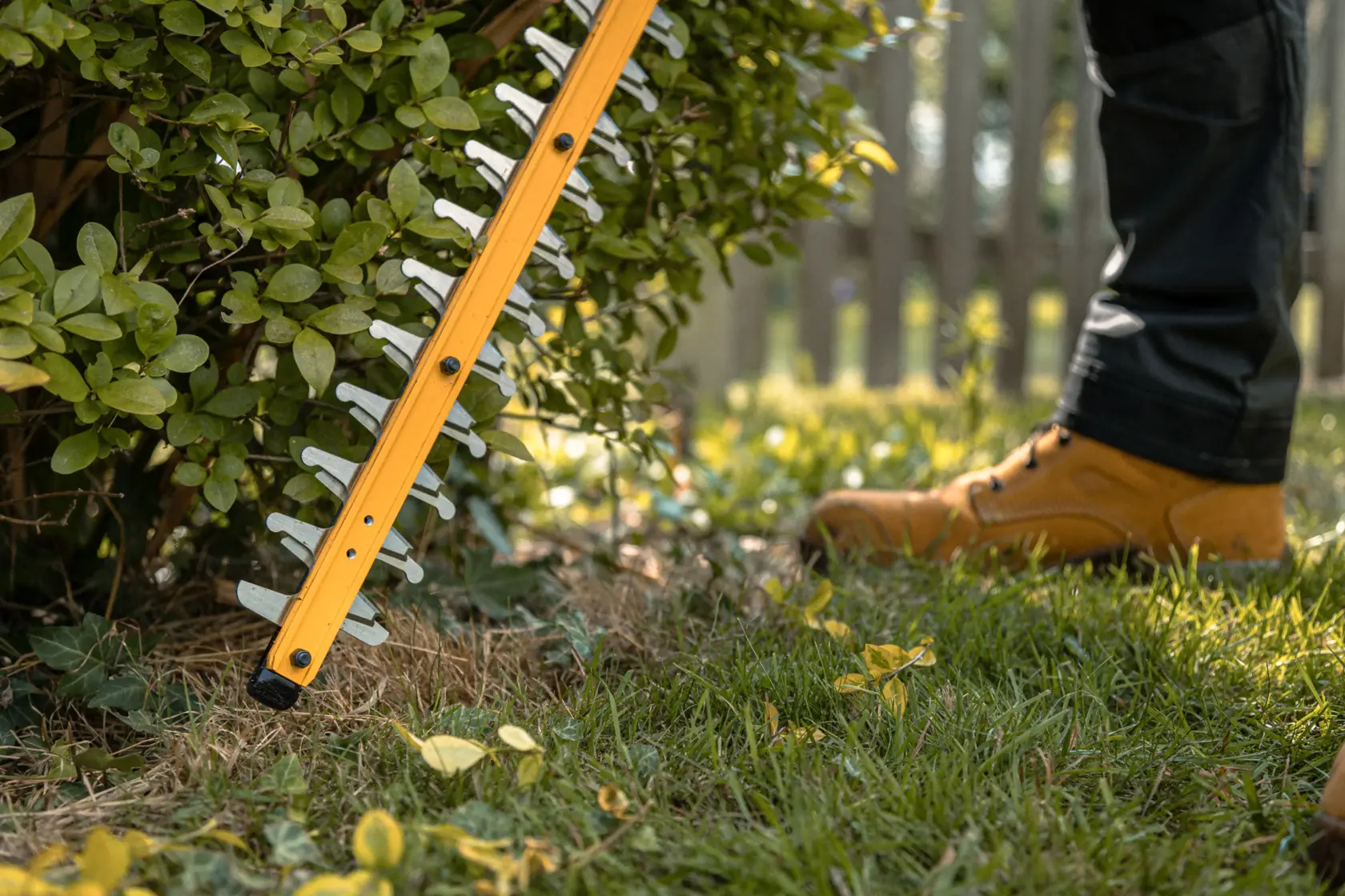 Persona recorta arbustos con una cortasetos amarillo DEWALT al aire libre y botas protectoras.
