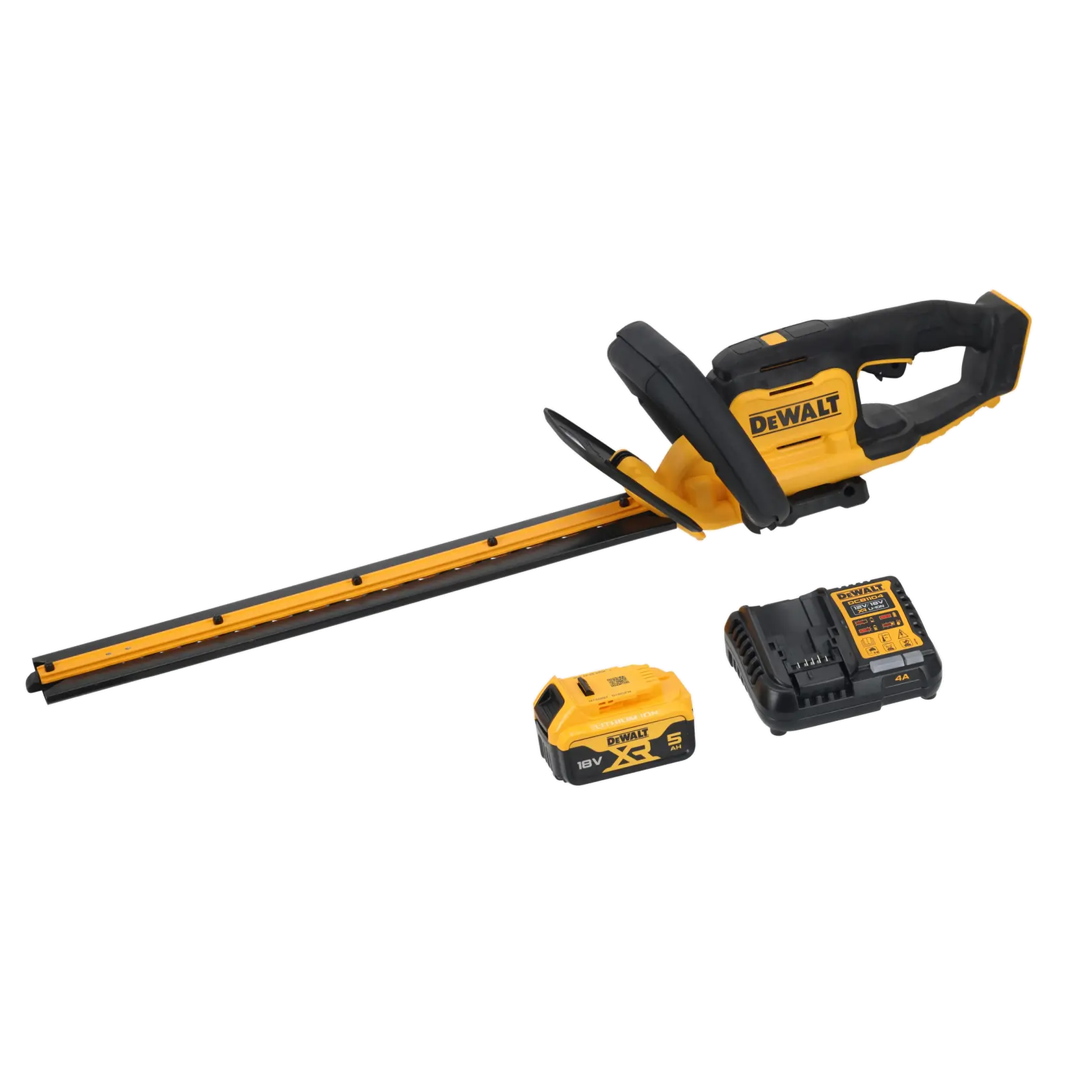 Kit de cortasetos inalámbrico DEWALT con protector de hoja, batería y cargador sobre fondo blanco.
