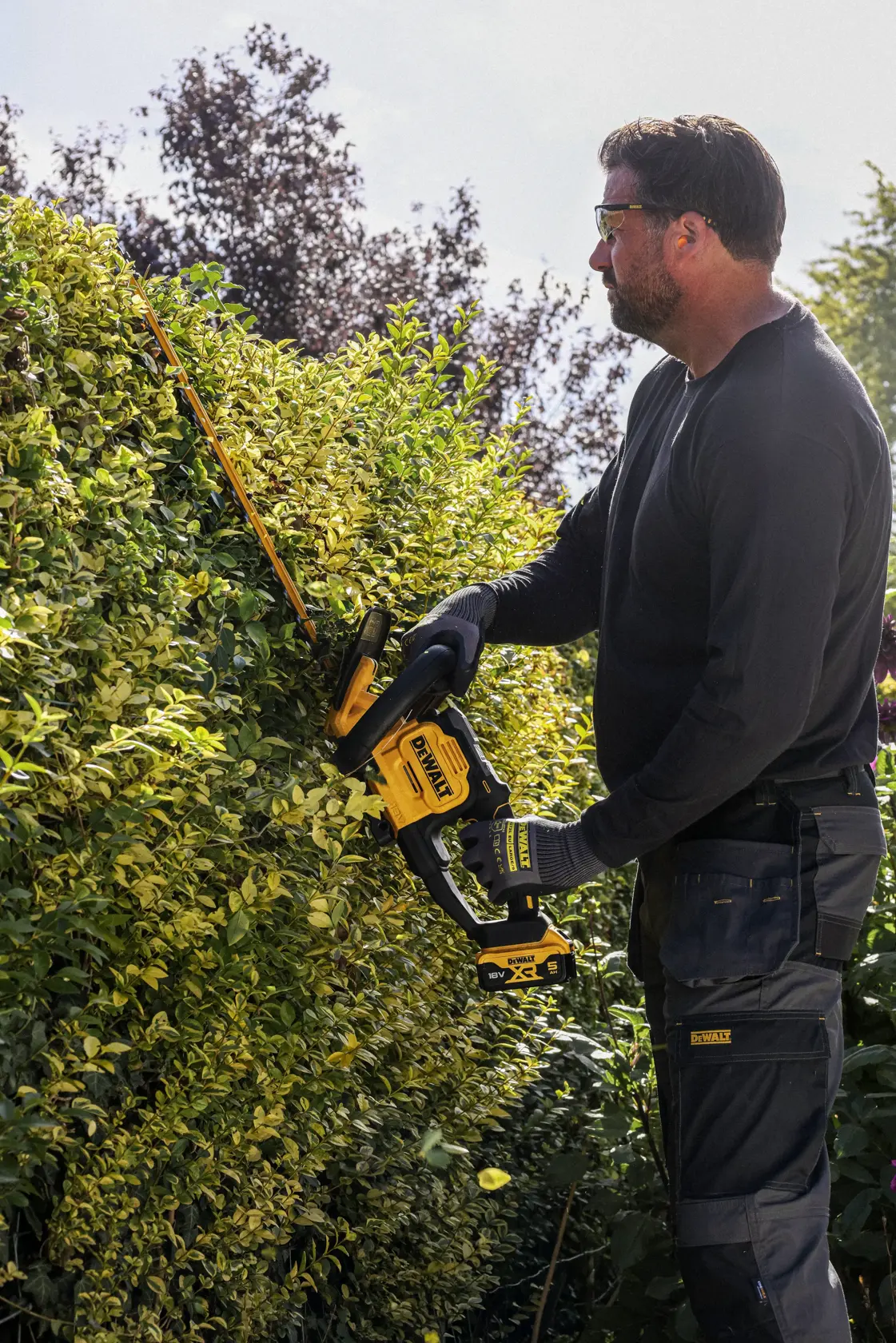 Podador DEWALT amarelo, SKUs DCMHT567N, DCMHT567N-XJ. Produto de fotografia.