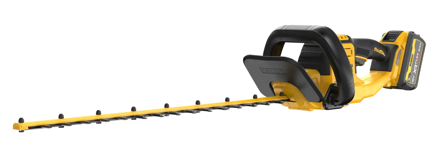 DEWALT Akku-Heckenschere mit langem gelb-schwarzem Messer und ergonomischem Griff auf weißem Hintergrund.