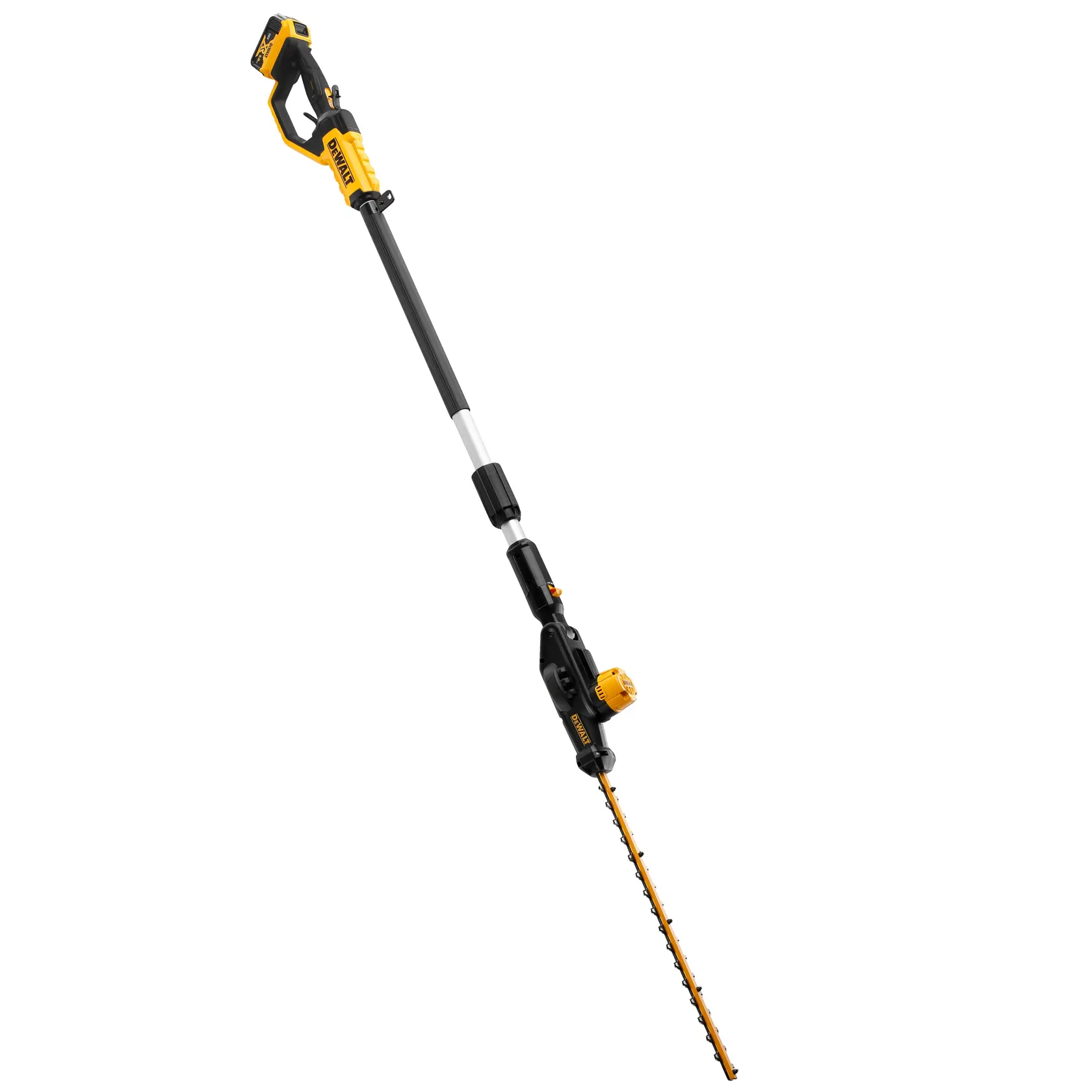Cortasetos inalámbrico DEWALT DCMPH566P1 con eje extensible y diseño amarillo-negro.