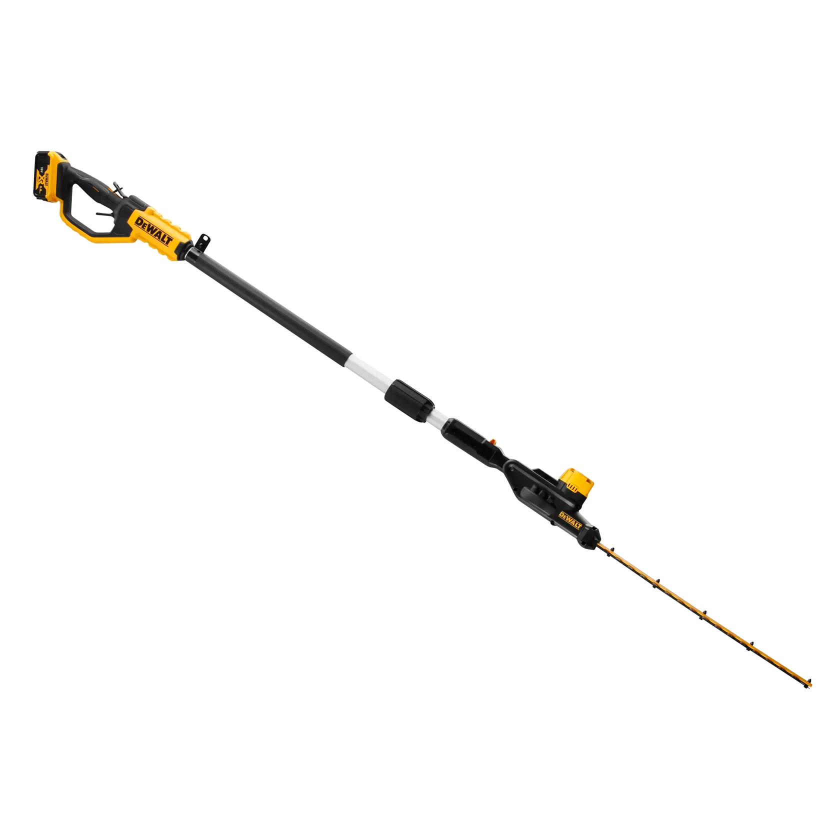 Cortasetos telescópico inalámbrico DEWALT con eje extendido, mostrado sobre fondo blanco.
