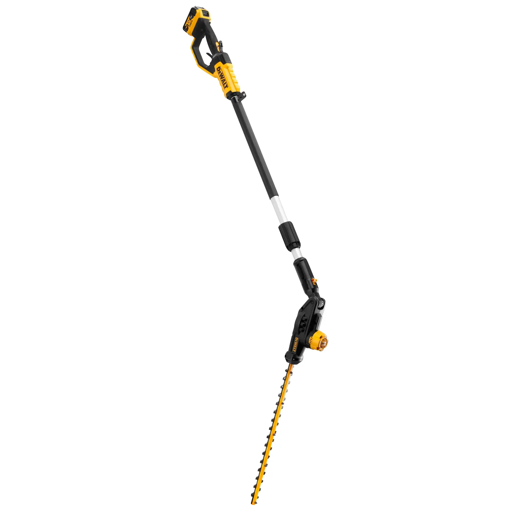 Cortasetos telescópico inalámbrico DEWALT con diseño amarillo y negro sobre fondo blanco.