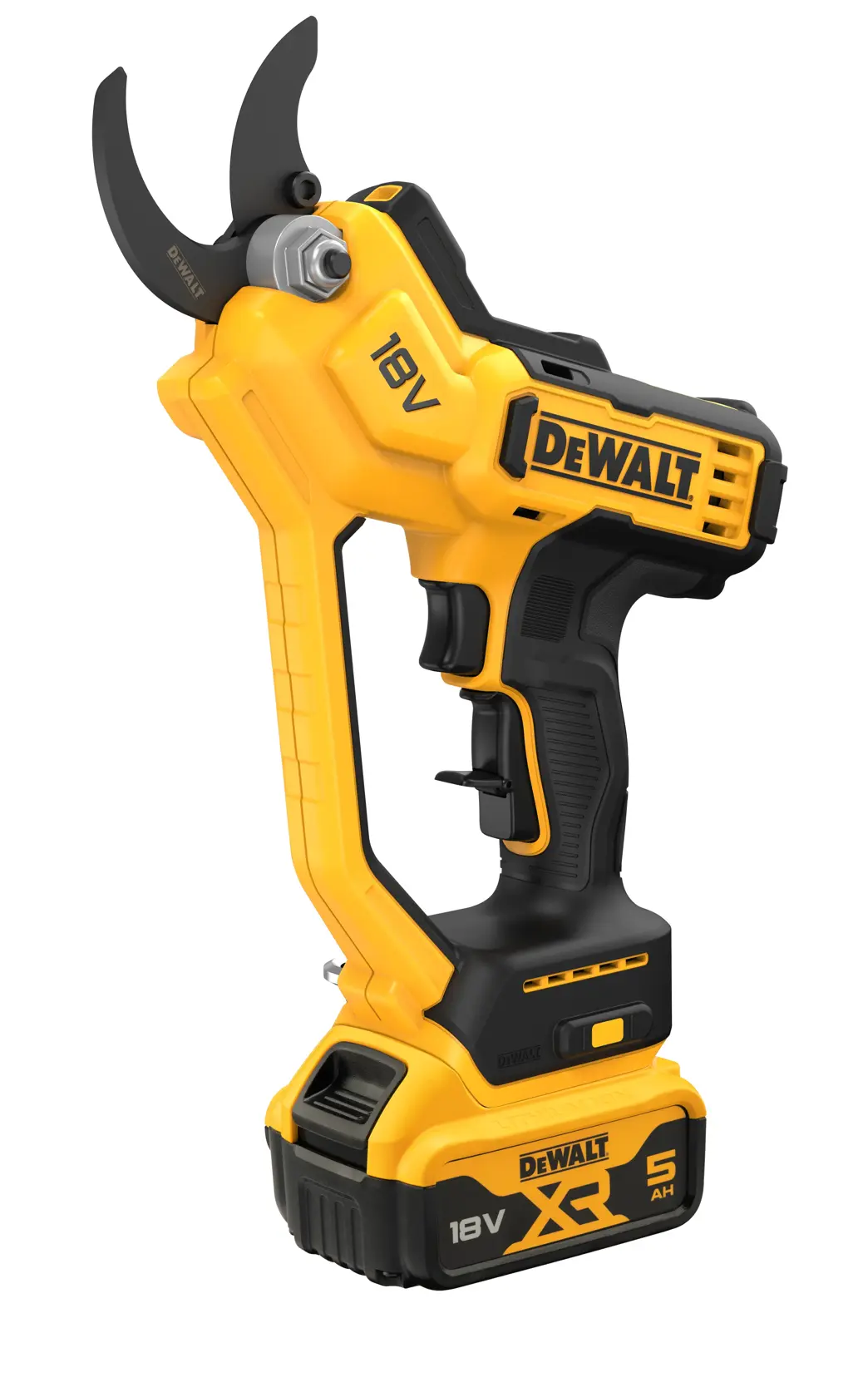 Tijeras de poda DEWALT 18V inalámbricas, cuerpo negro y amarillo, batería 5Ah, mango ergonómico.