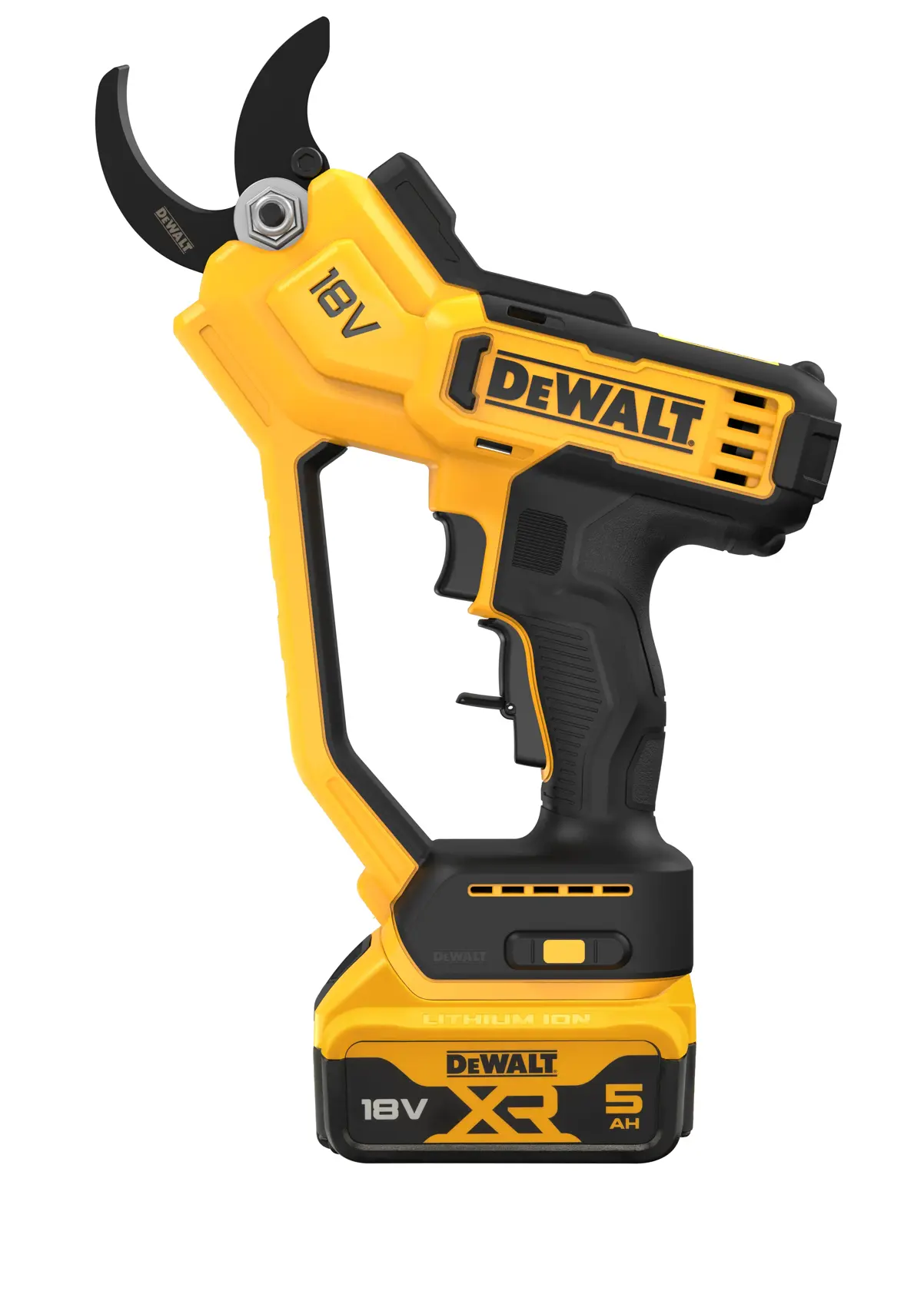 Podadora eléctrica DEWALT XR 18V amarilla y negra con batería de litio 5Ah.