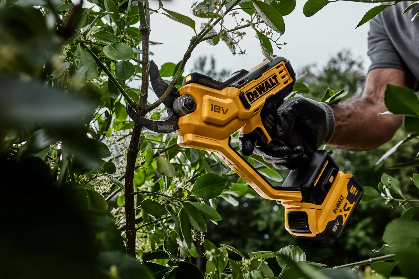 Podadora inalámbrica DEWALT 18V cortando una rama afuera, sostenida con una mano enguantada.