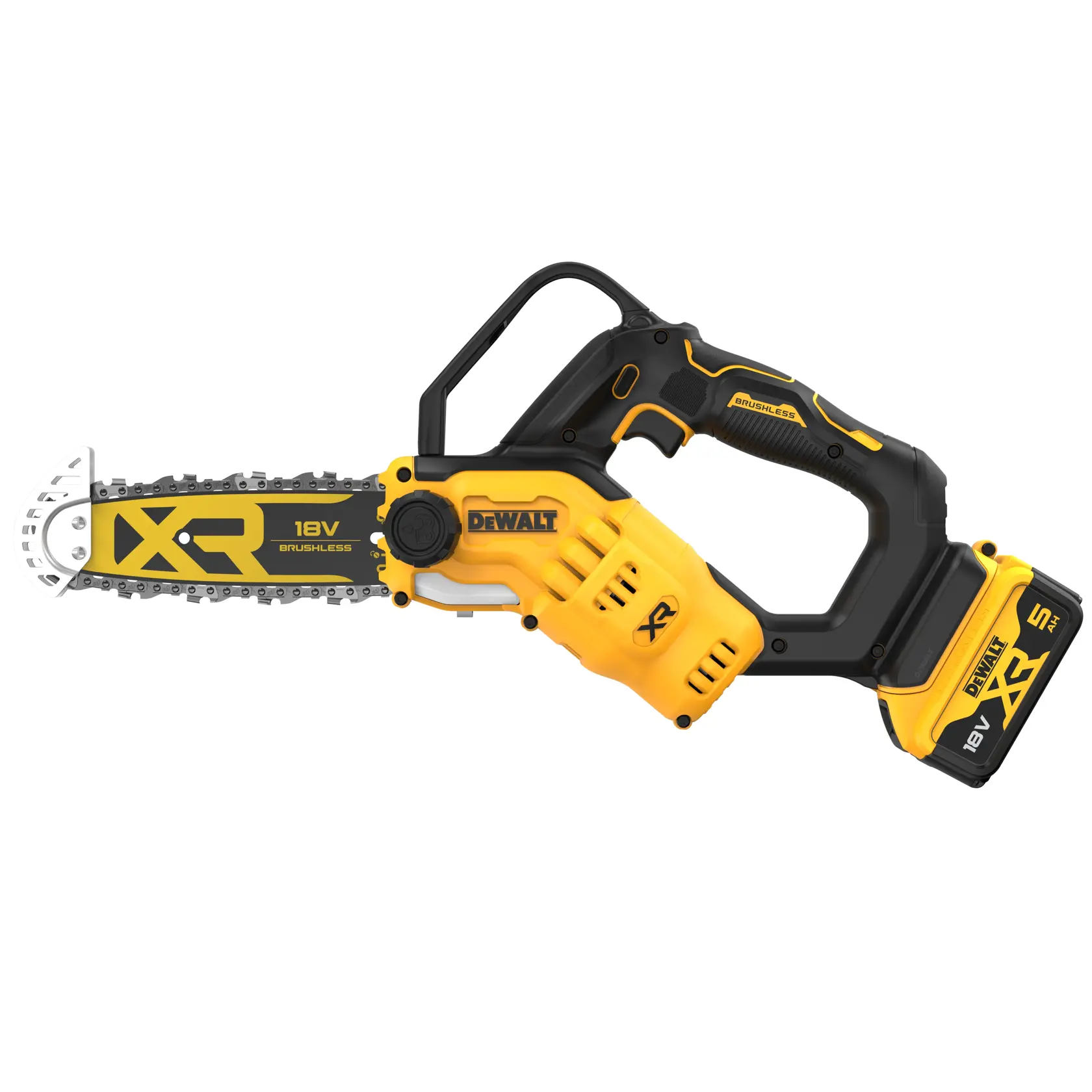 Una motosierra podadora inalámbrica DEWALT 18V XR Brushless con diseño amarillo y negro, protector de seguridad en la cadena y batería de litio de 5,0Ah.