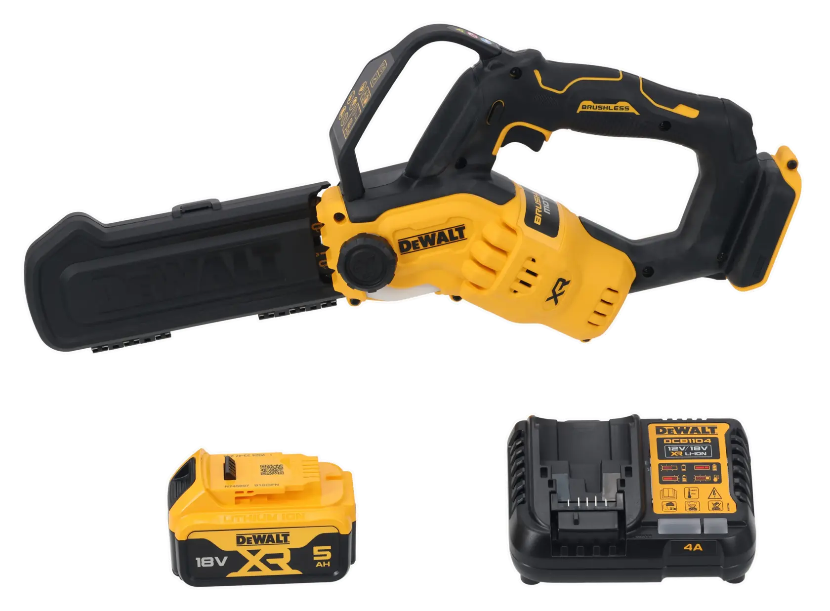 Kit motosierra inalámbrica DEWALT con batería y cargador, amarillo y negro, cubierta protectora de hoja.