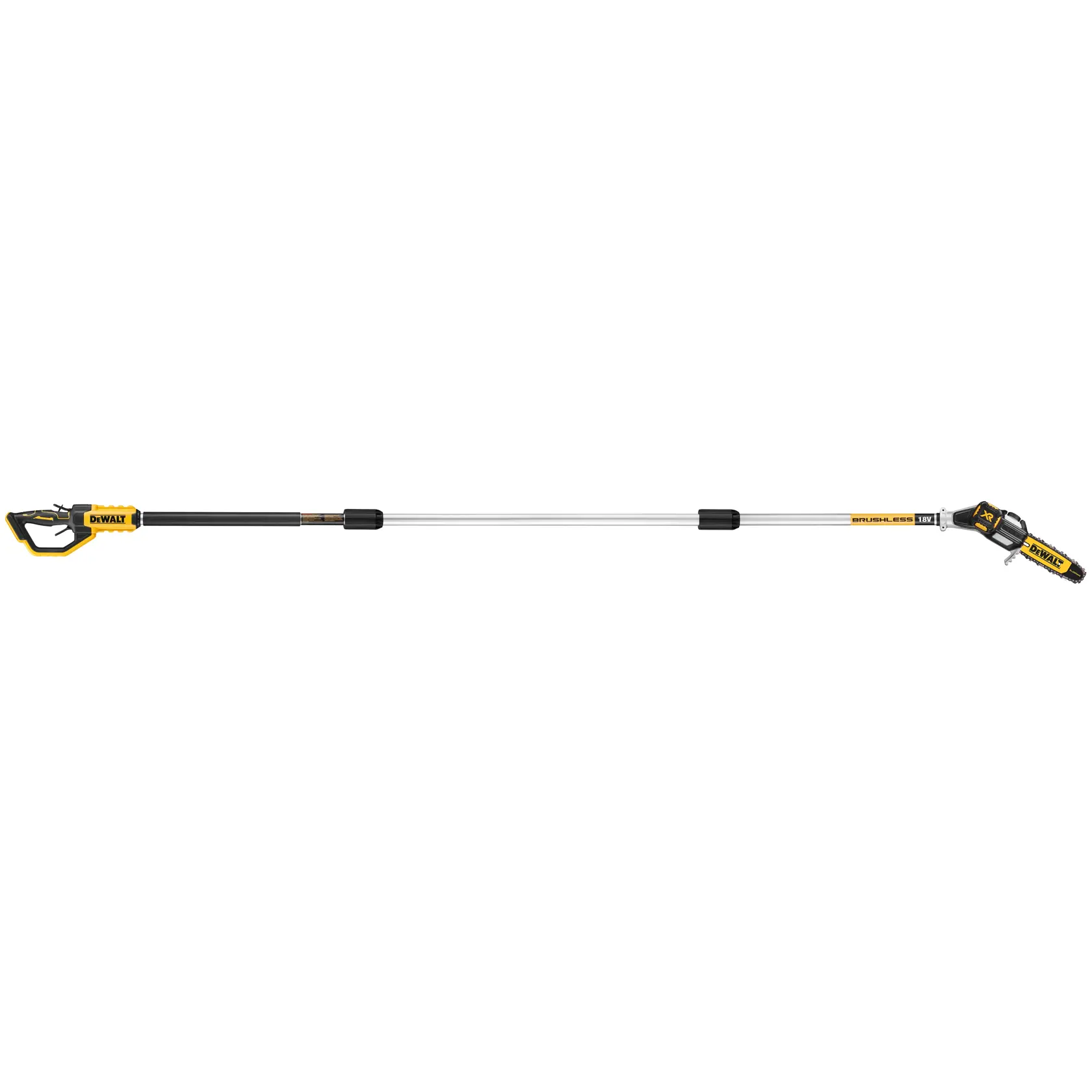 Sierra de pértiga inalámbrica DEWALT, largo alcance, colores amarillo y negro para cortar ramas altas.
