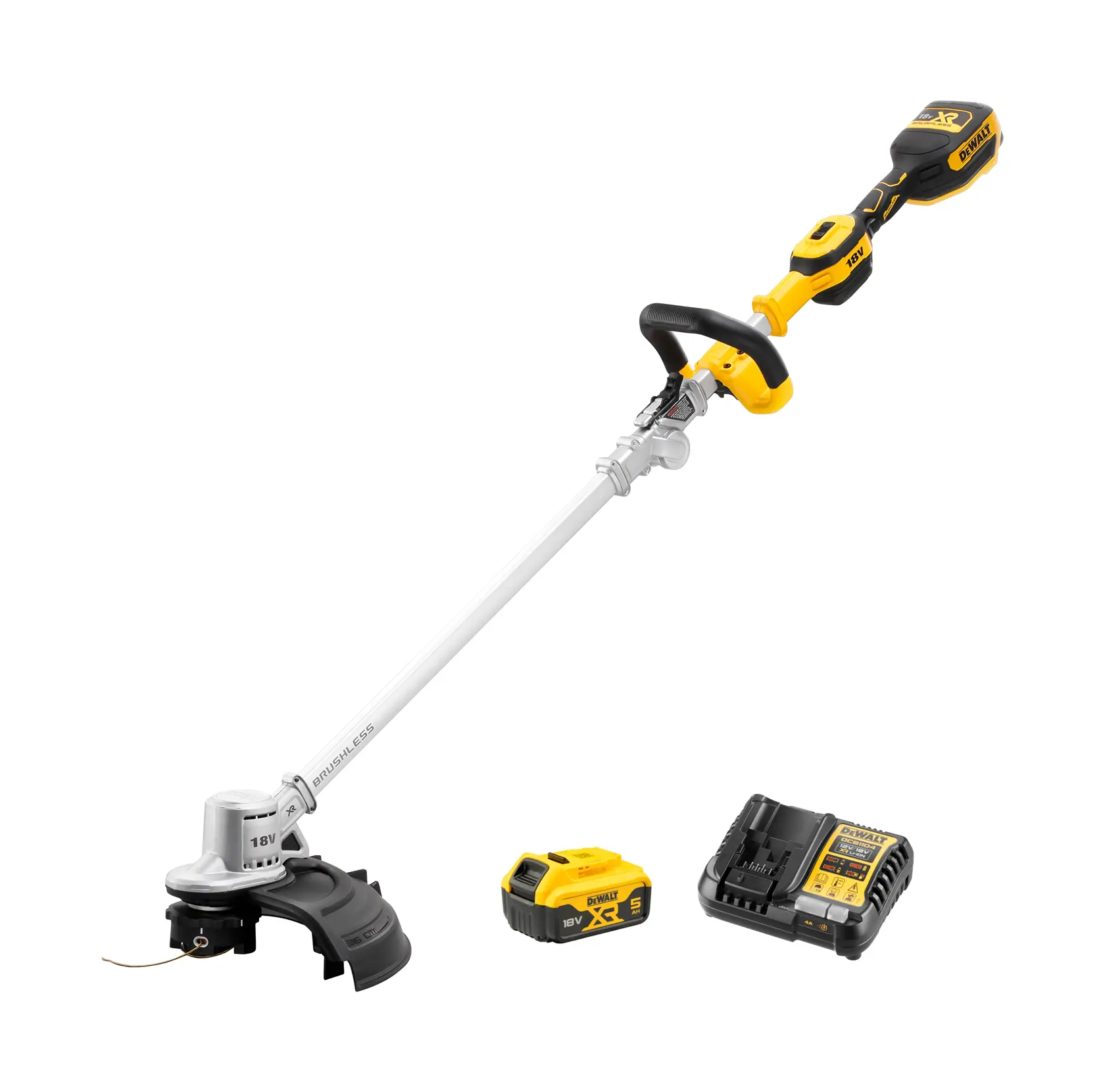 Cortabordes inalámbrico DEWALT con batería y cargador, en amarillo y negro.