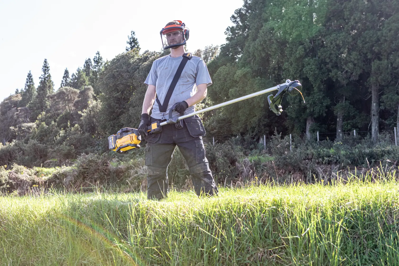Person uses DEWALT grass trimmer outdoors, models DCMST911N and DCMST911N-XJ. Protective gear worn.
