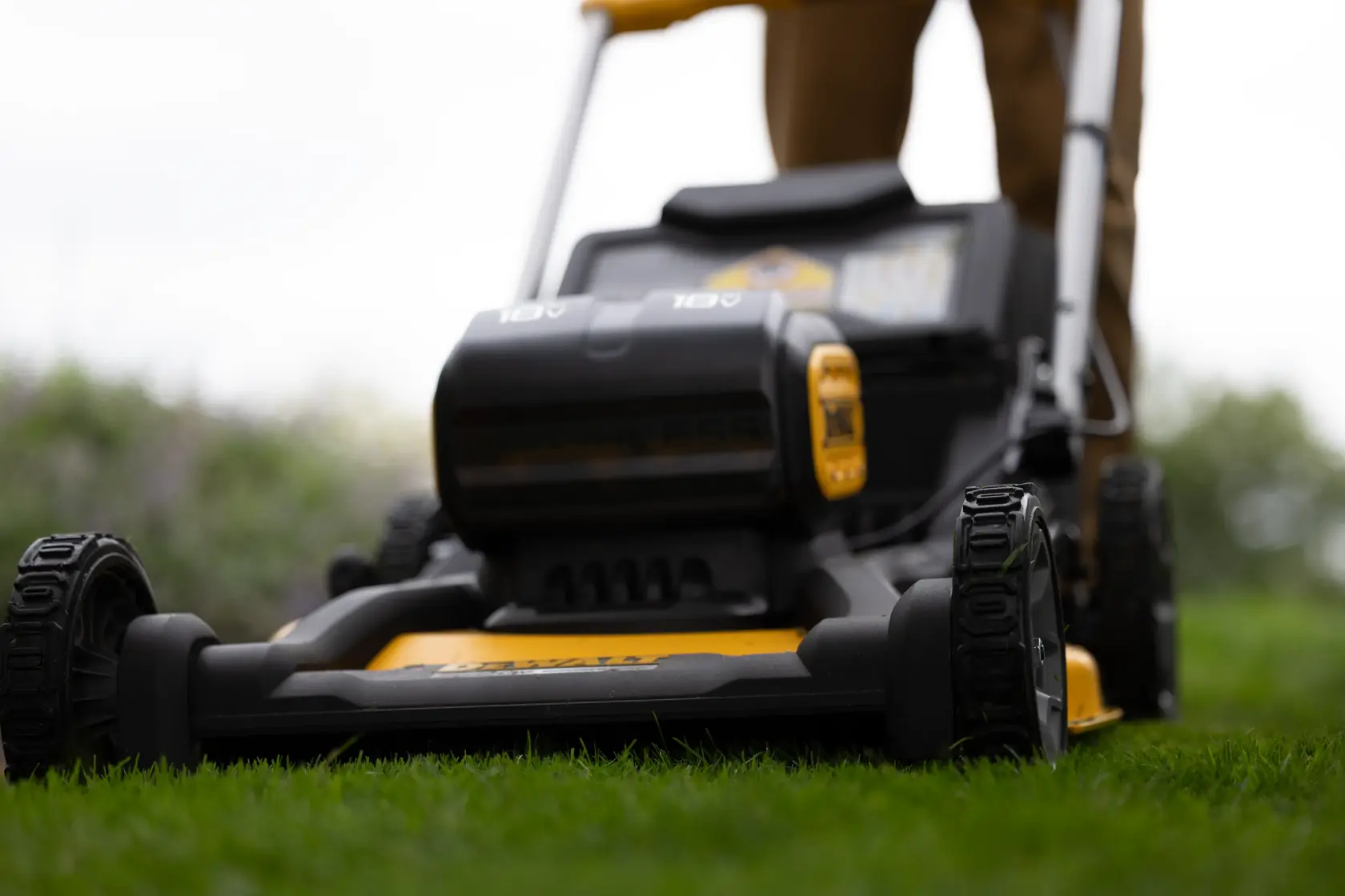 Close-up view of a DEWALT cordless lawn mower in use outdoors, showing the front wheels, mower deck, and battery