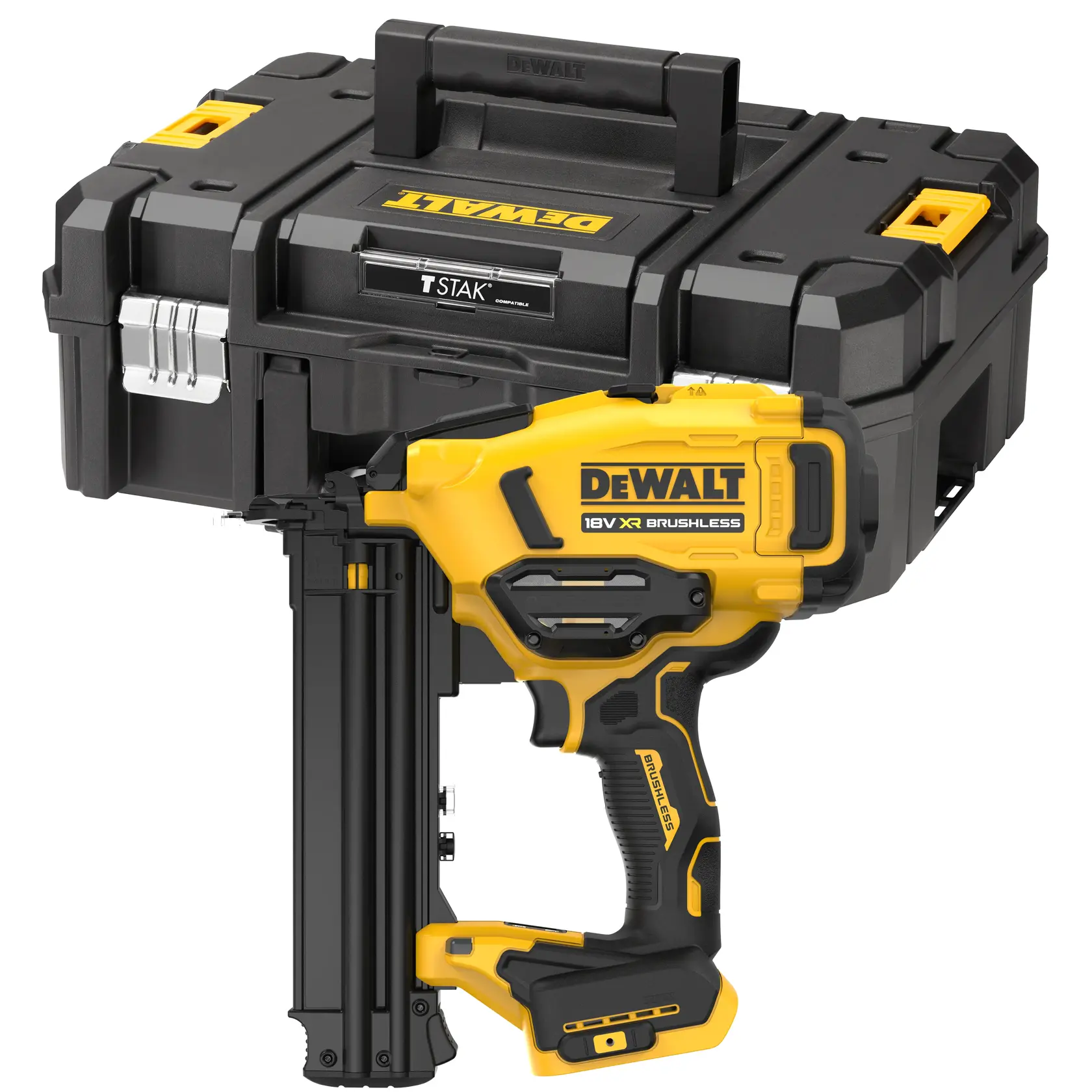 DEWALT 18V XR brushless finish nailer with TSTAK storage case, compact and durable design.