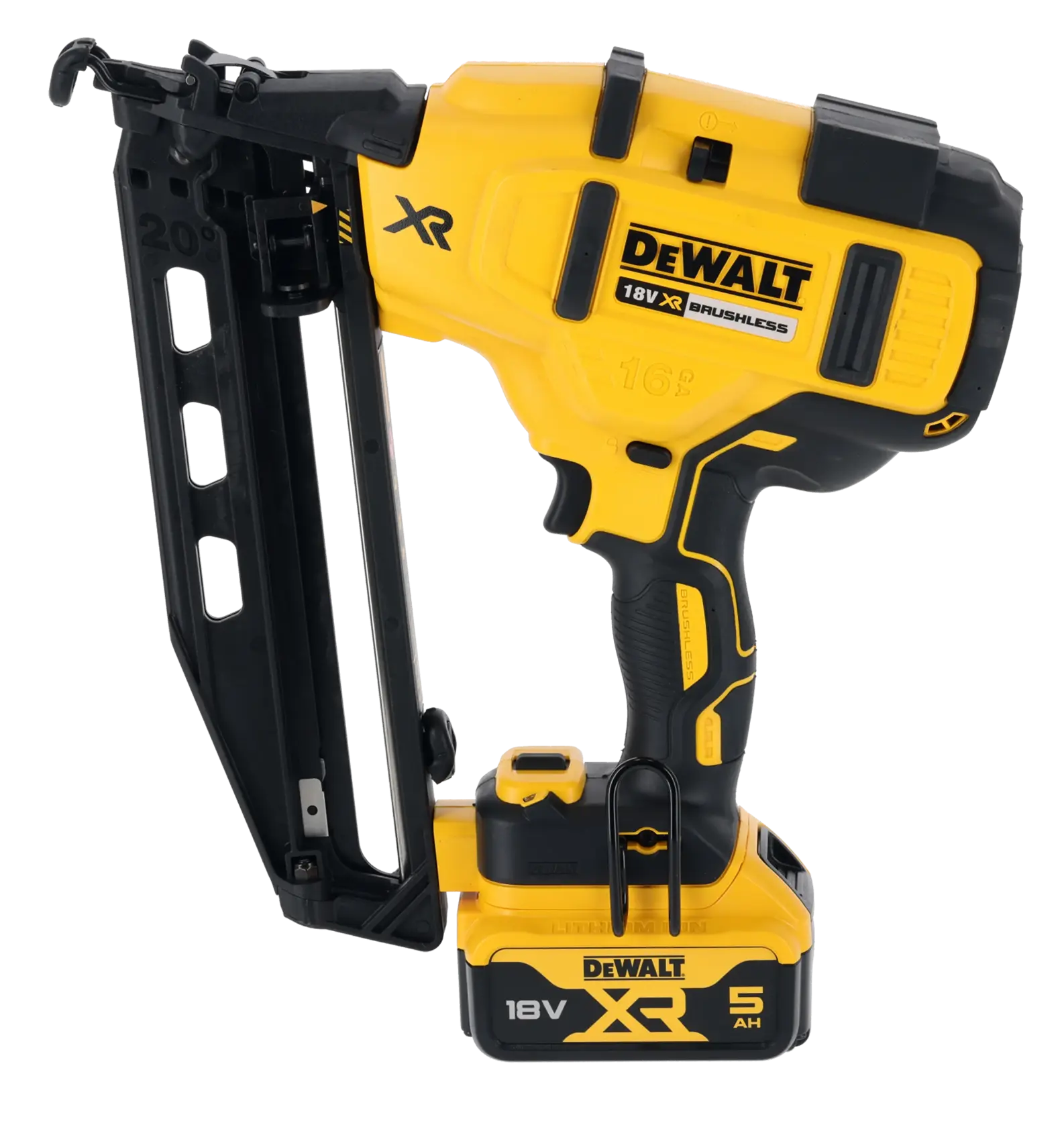 DEWALT DCN660P2 18V XR cordless nail gun, yellow and black, with brushless motor and 5Ah battery.