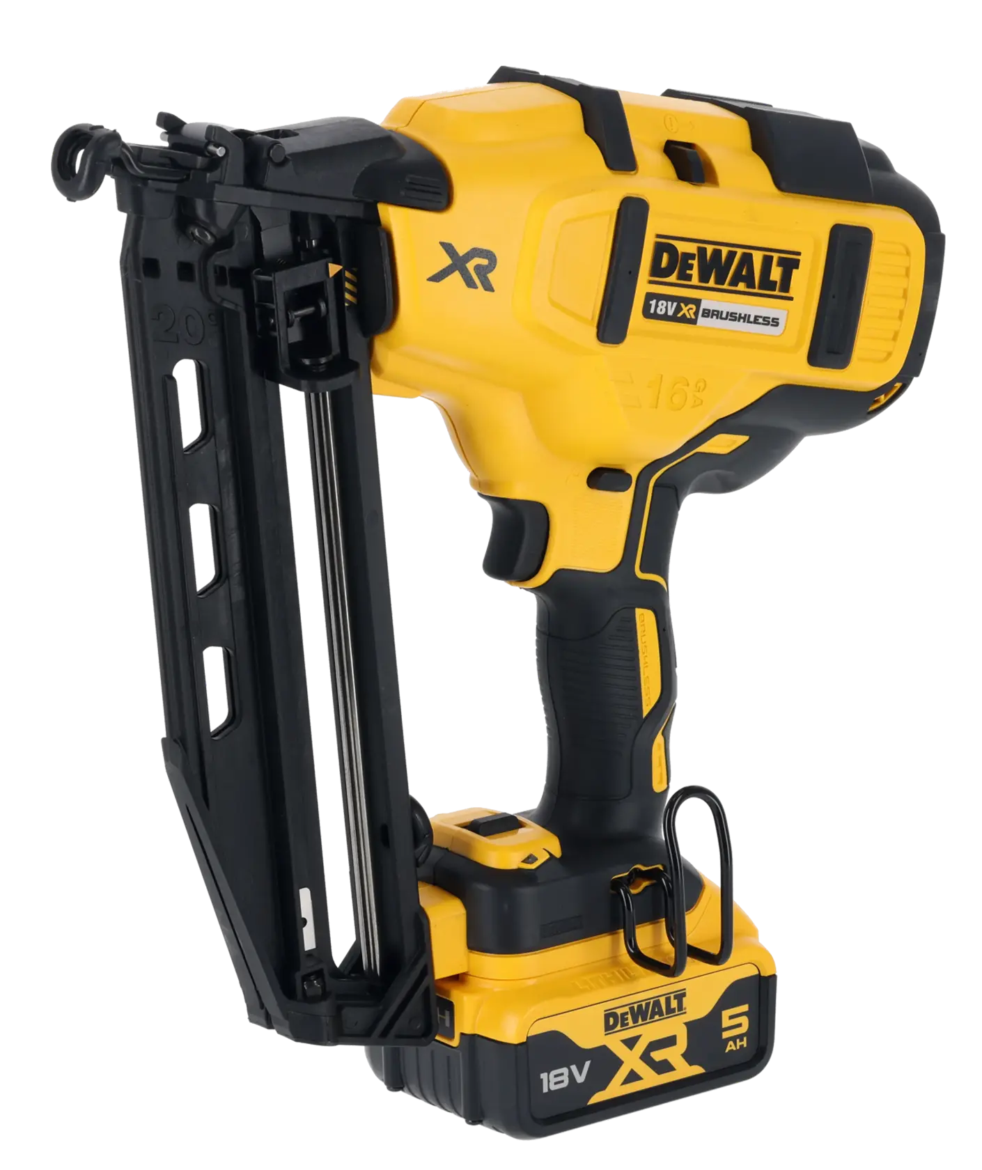 DEWALT 18V XR cordless nail gun with brushless motor and 5Ah battery, yellow and black design.