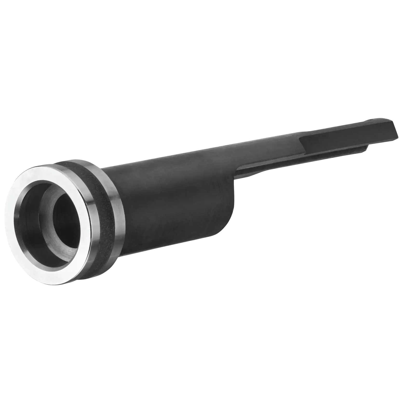 A DEWALT metal tool attachment, specifically the DCN8903, designed as a magazine nose piece for fastening tools. The attachment is black with a silver ring at one end and is used in construction applications.