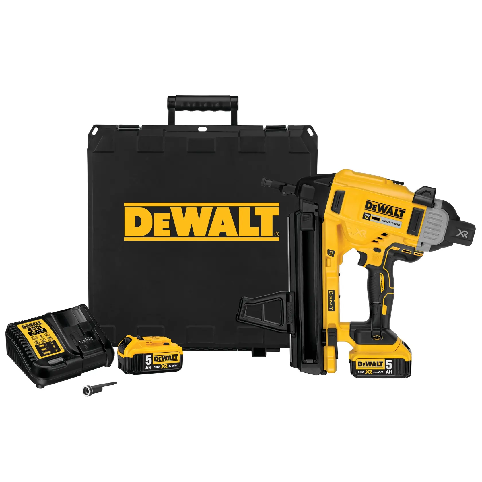 Kit de clavadora DEWALT con herramienta, estuche, batería, cargador y accesorio en amarillo y negro.