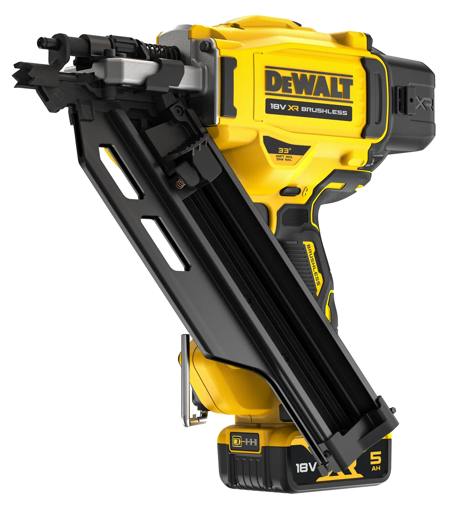 Clavadora DEWALT 18V XR brushless con cuerpo amarillo y cargador negro, vista lateral.