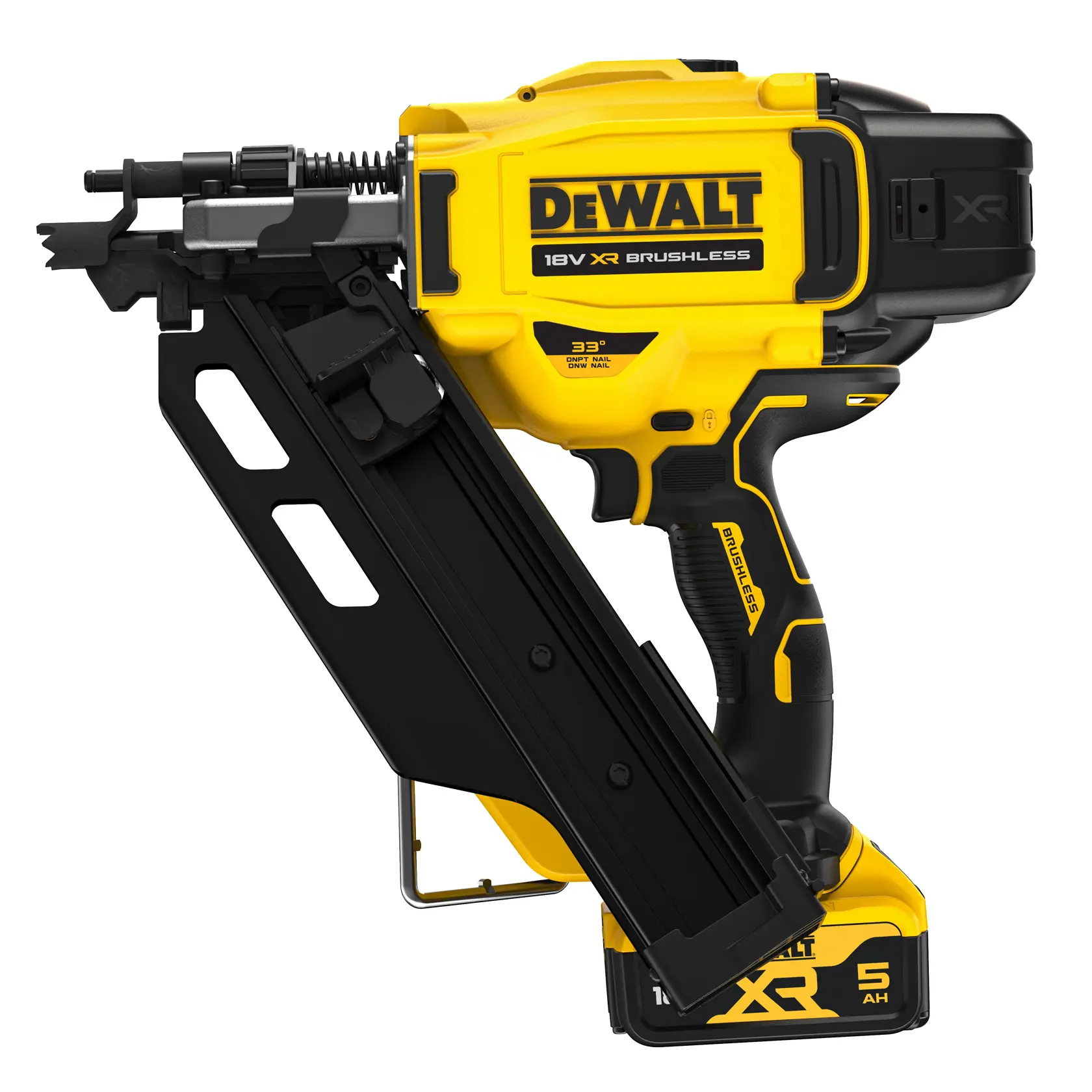 Clavadora DEWALT 18V XR sin escobillas, cuerpo amarillo, cargador negro y base de batería.