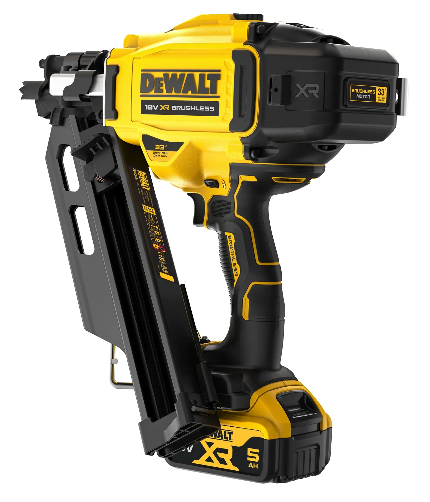 Clavadora inalámbrica DEWALT 18V XR brushless con batería 5Ah, amarilla y negra.