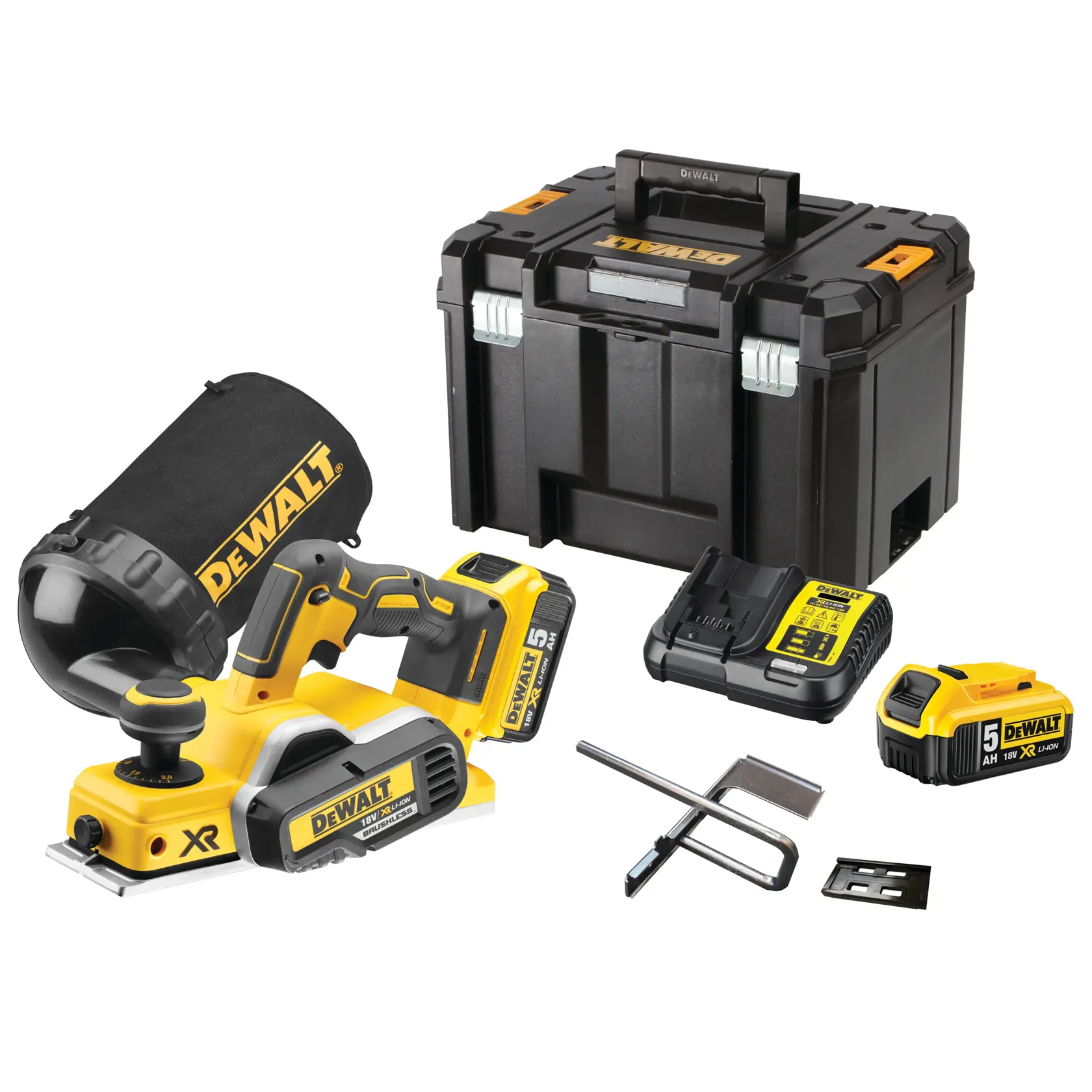 Kit de cepillo inalámbrico DEWALT DCP580P2 con baterías, cargador, accesorios y caja de almacenamiento.