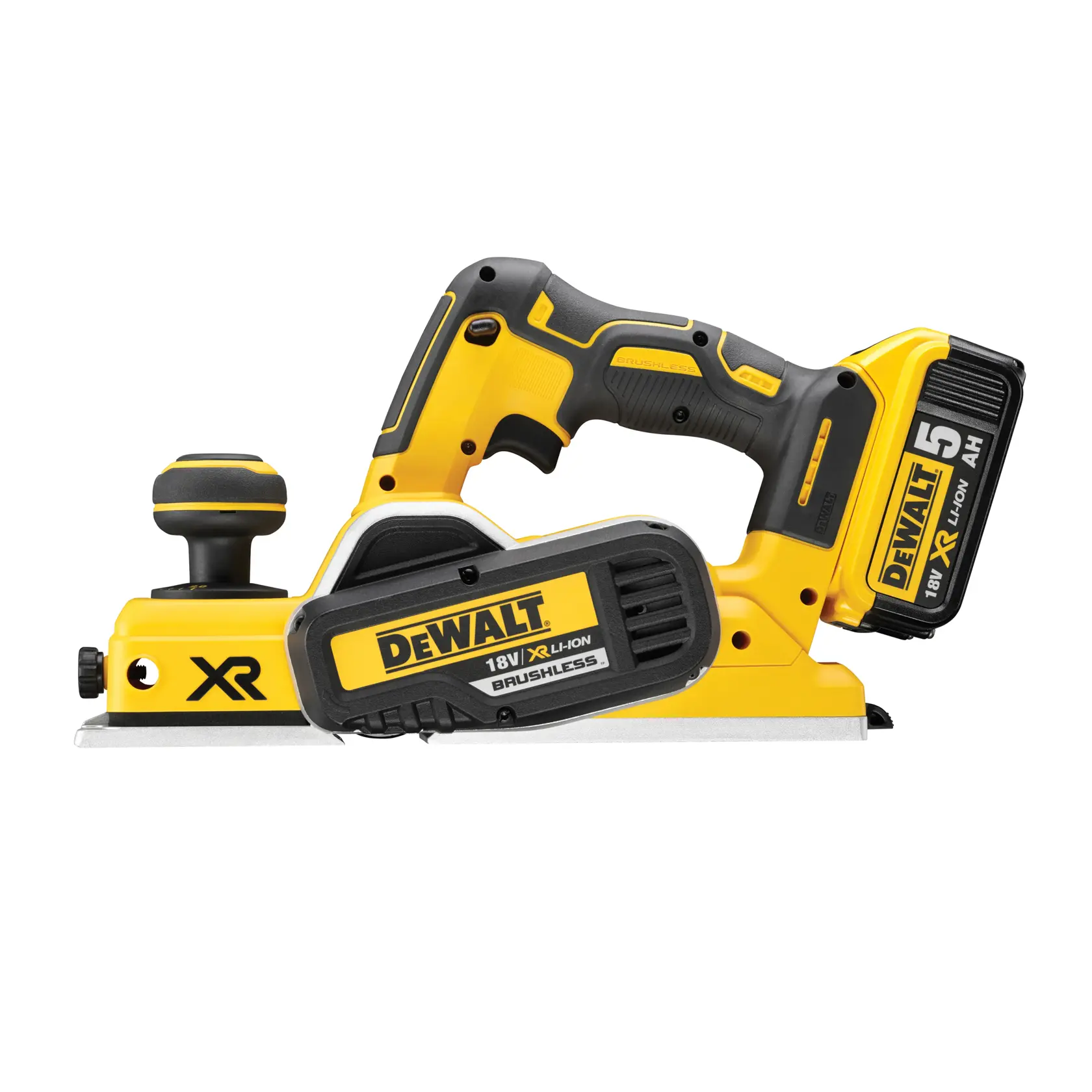 Cepillo inalámbrico DEWALT DCP580P2 amarillo y negro, batería 18V XR Li-Ion 5Ah, motor sin escobillas, vista lateral.
