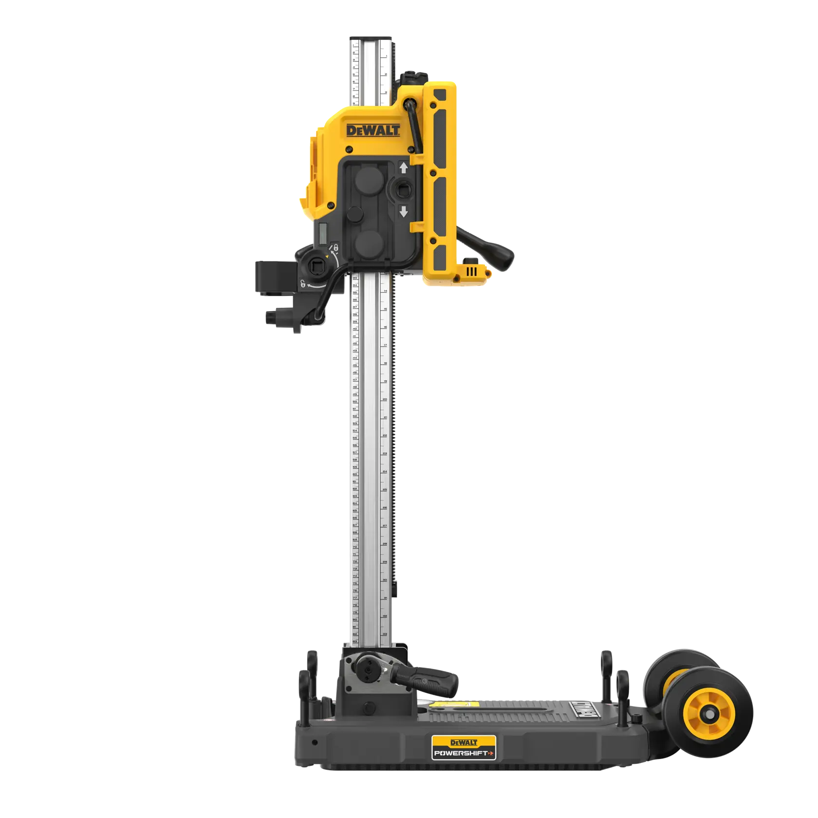 A DEWALT DCPS151 photography tool, featuring a yellow and black device mounted vertically on a metal stand with wheels at the base. The tool appears designed for precision tasks and is shown against a white background.