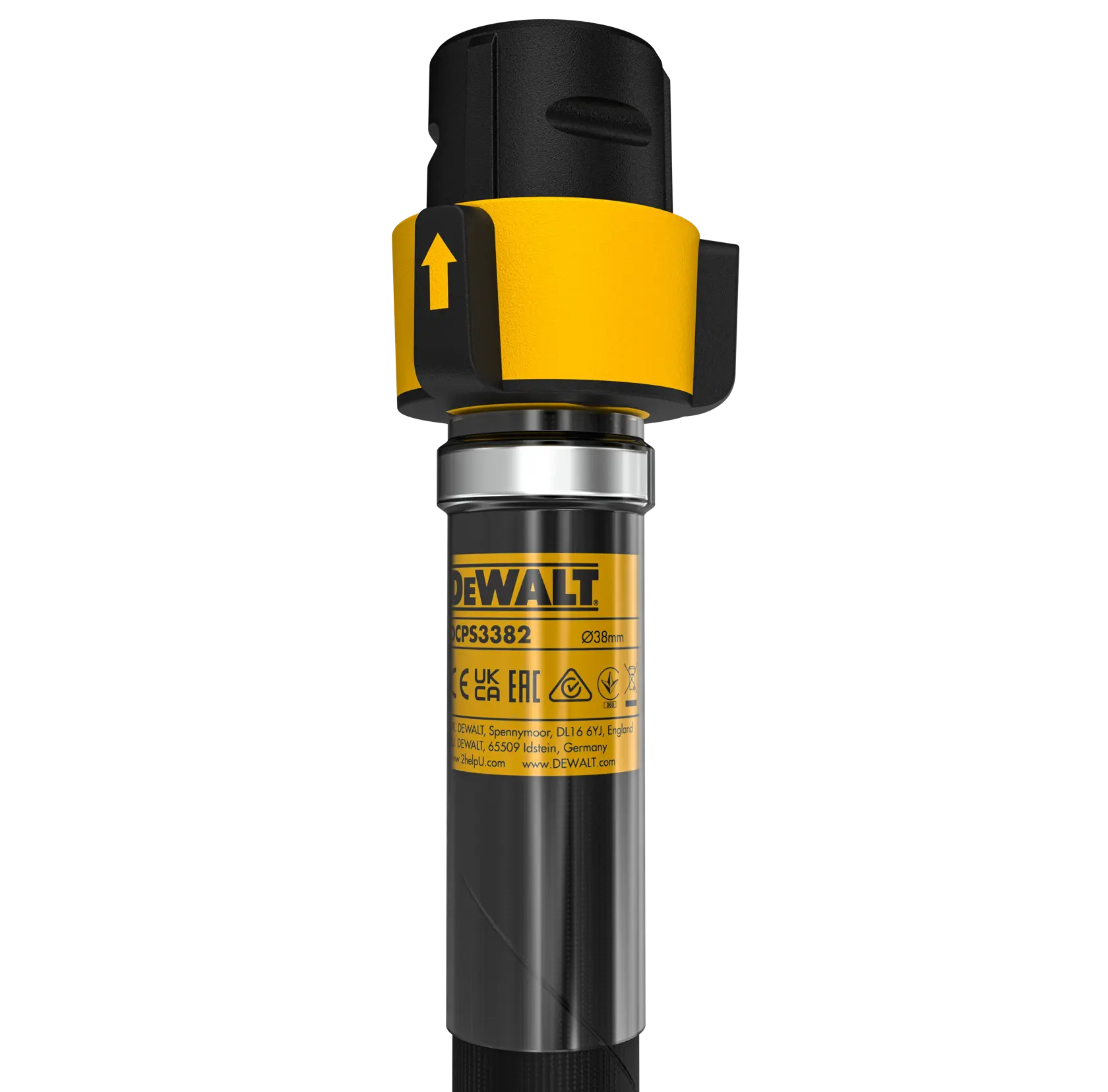Un vibrateur à béton DEWALT DCPS3382 avec un long arbre flexible noir et une tête de vibration cylindrique, photographié sur fond blanc.