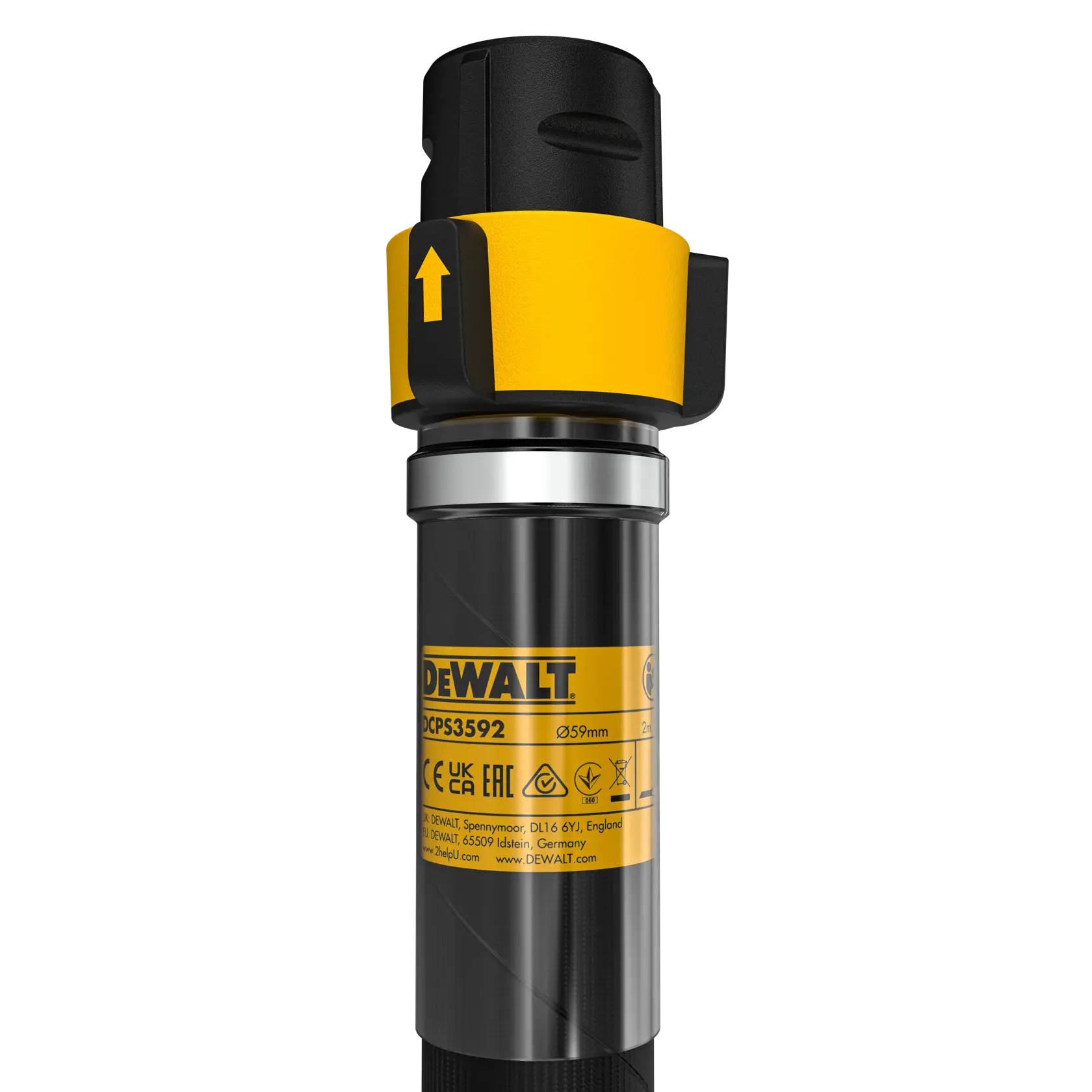 Un vibrateur pour béton DEWALT avec un long arbre flexible noir et une tête vibrante métallique cylindrique, présenté sur fond blanc.