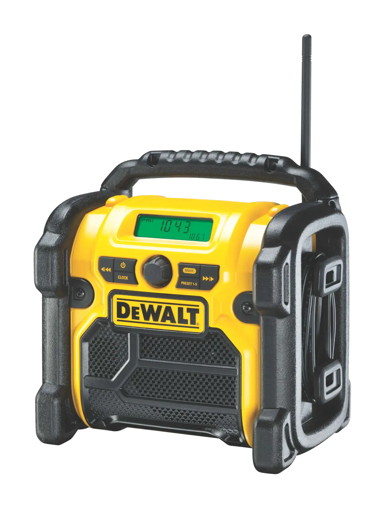 Un radio portátil de obra DEWALT con diseño resistente en amarillo y negro, pantalla digital, botones de control, asa en la parte superior y antena.