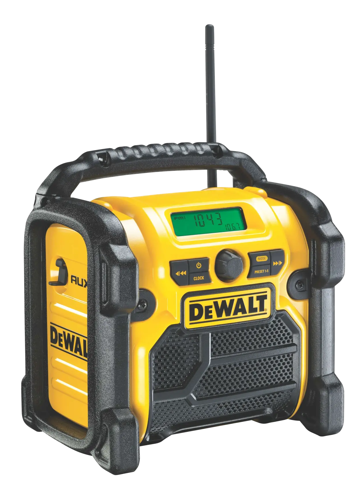 Radio portátil DEWALT amarilla para obras con asa, pantalla, botones y marco protector negro.