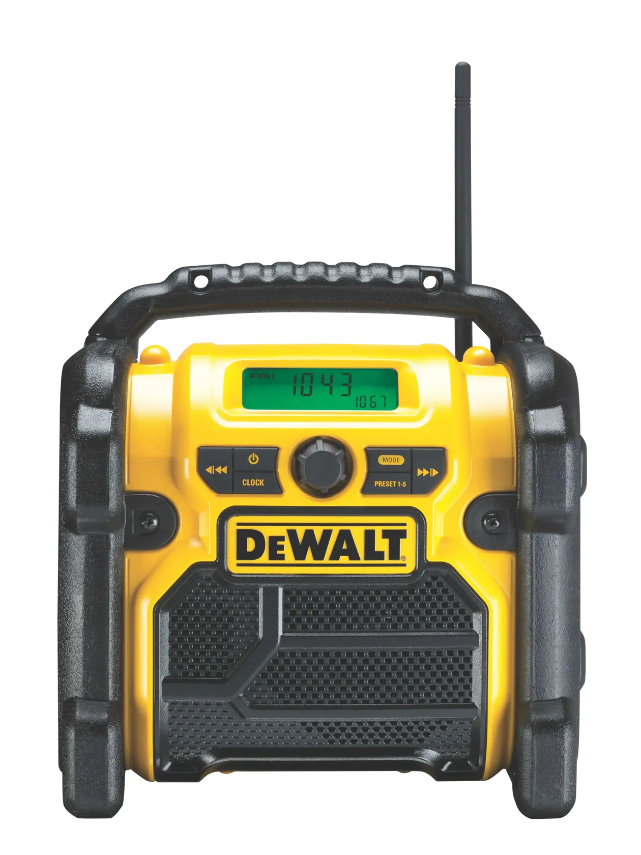 Vista frontal de radio portátil DEWALT con asa, pantalla, botones y antena.