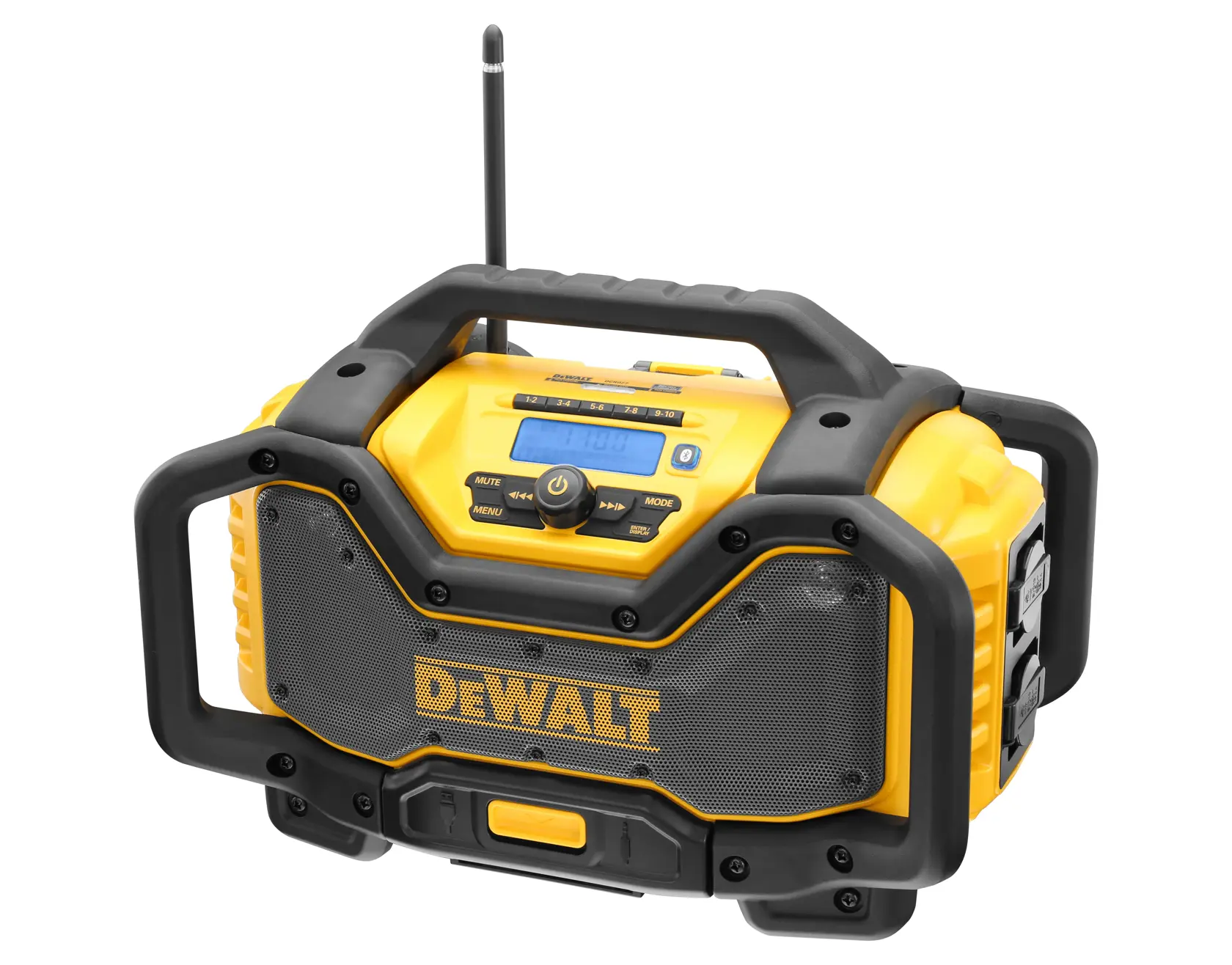 DEWALT DCR027 gelbes tragbares Baustellenradio mit Griff, Tasten, Lautsprecherabdeckung und Antenne.