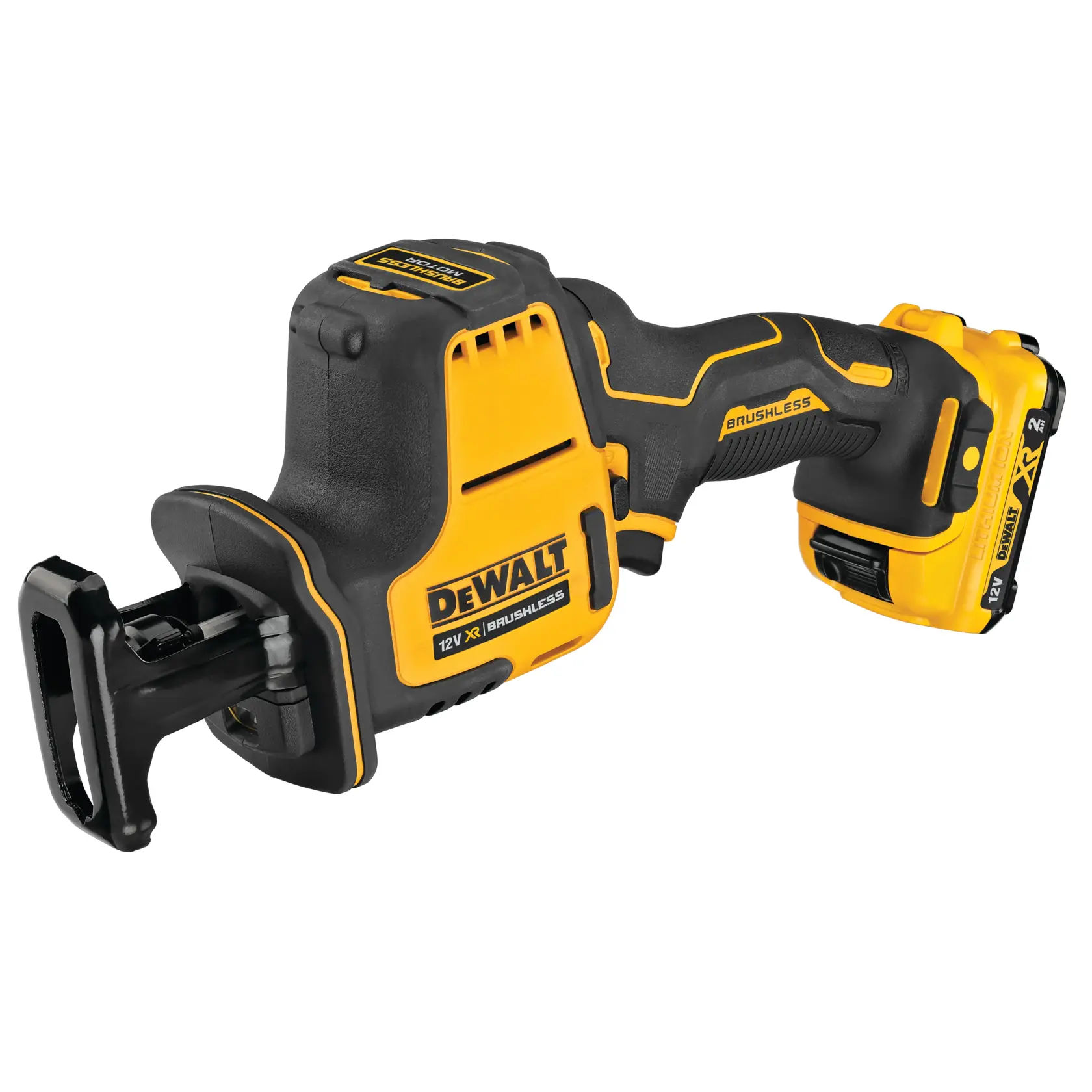 Sierra recíproca inalámbrica DEWALT DCS312D2 12V, brushless, amarilla y negra, con batería.