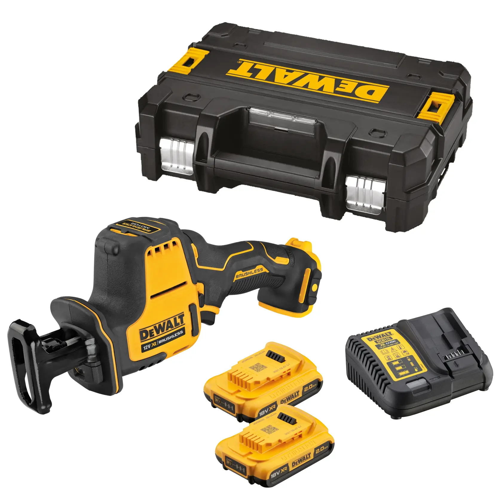 Kit de sierra inalámbrica DEWALT con herramienta, dos baterías, cargador y maletín negro.