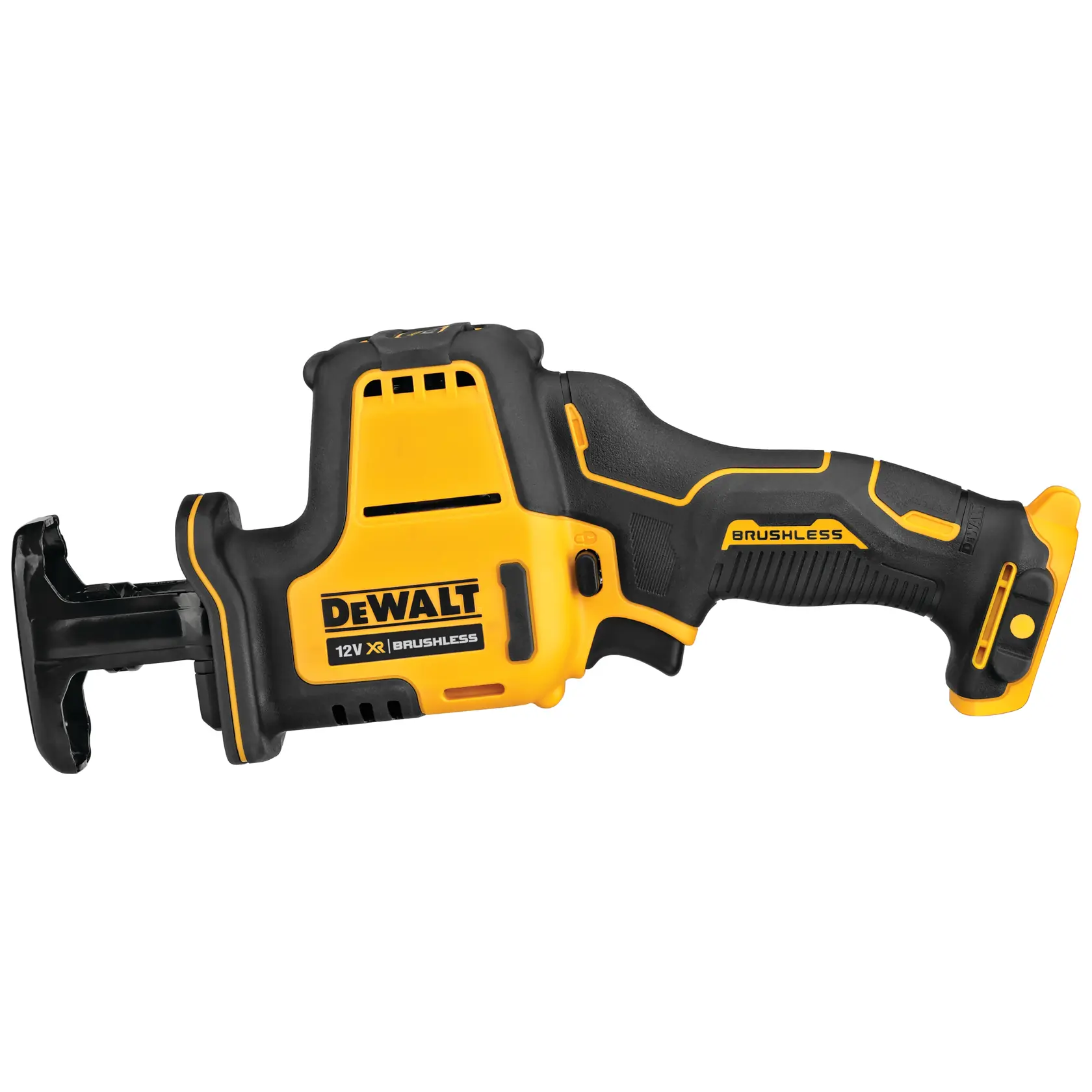 DEWALT cordless reciprocating saw DCS312N, 12V brushless, black and yellow, for cutting tasks.