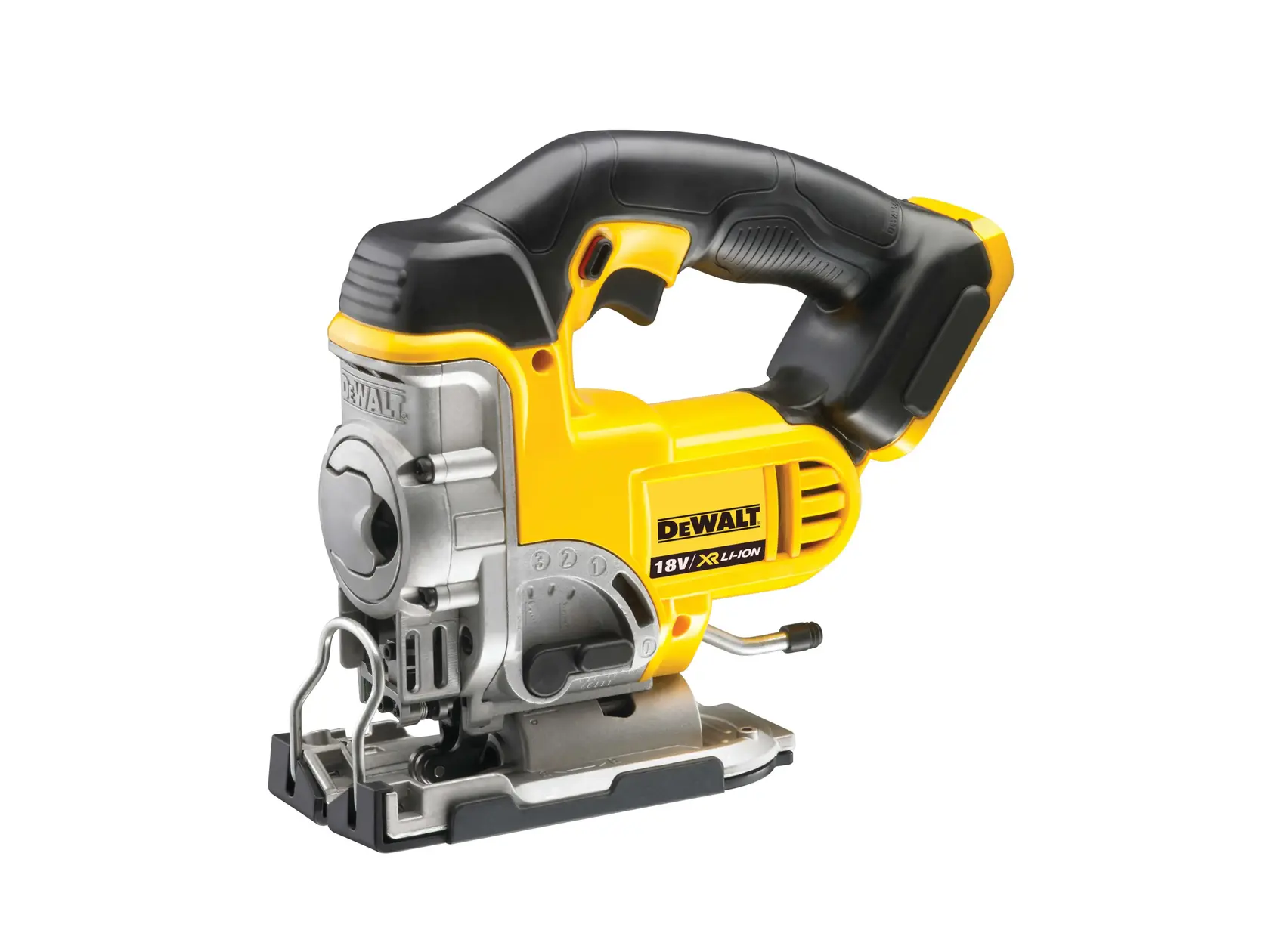 DEWALT cordless jigsaw, yellow and black, white background, SKUs DCS331N, DCS331N-XJ, side view.