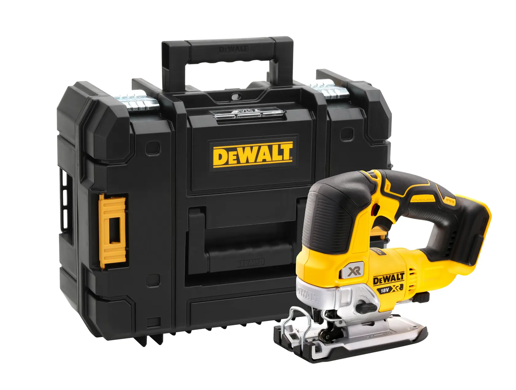 DEWALT cordless jigsaw with black carrying case, both featuring yellow DEWALT branding, on white background.