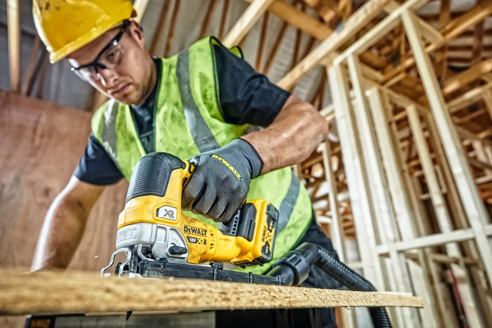 Close-up of DEWALT 18V XR power tool body showing detail of adjustment knob and brand logo.