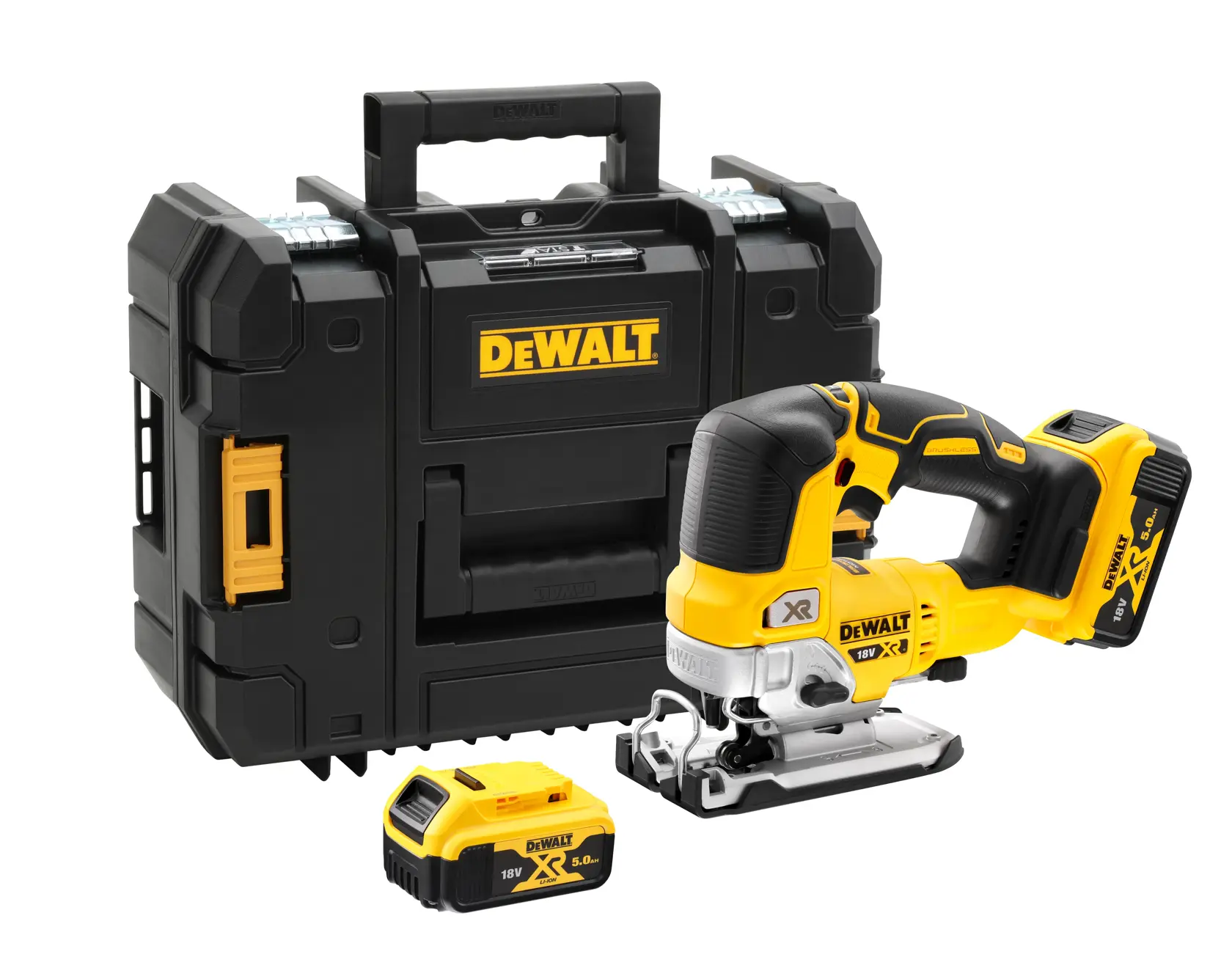 Kit de sierra de calar DEWALT inalámbrico con batería y estuche, diseño negro y amarillo, modelo DCS334P2.
