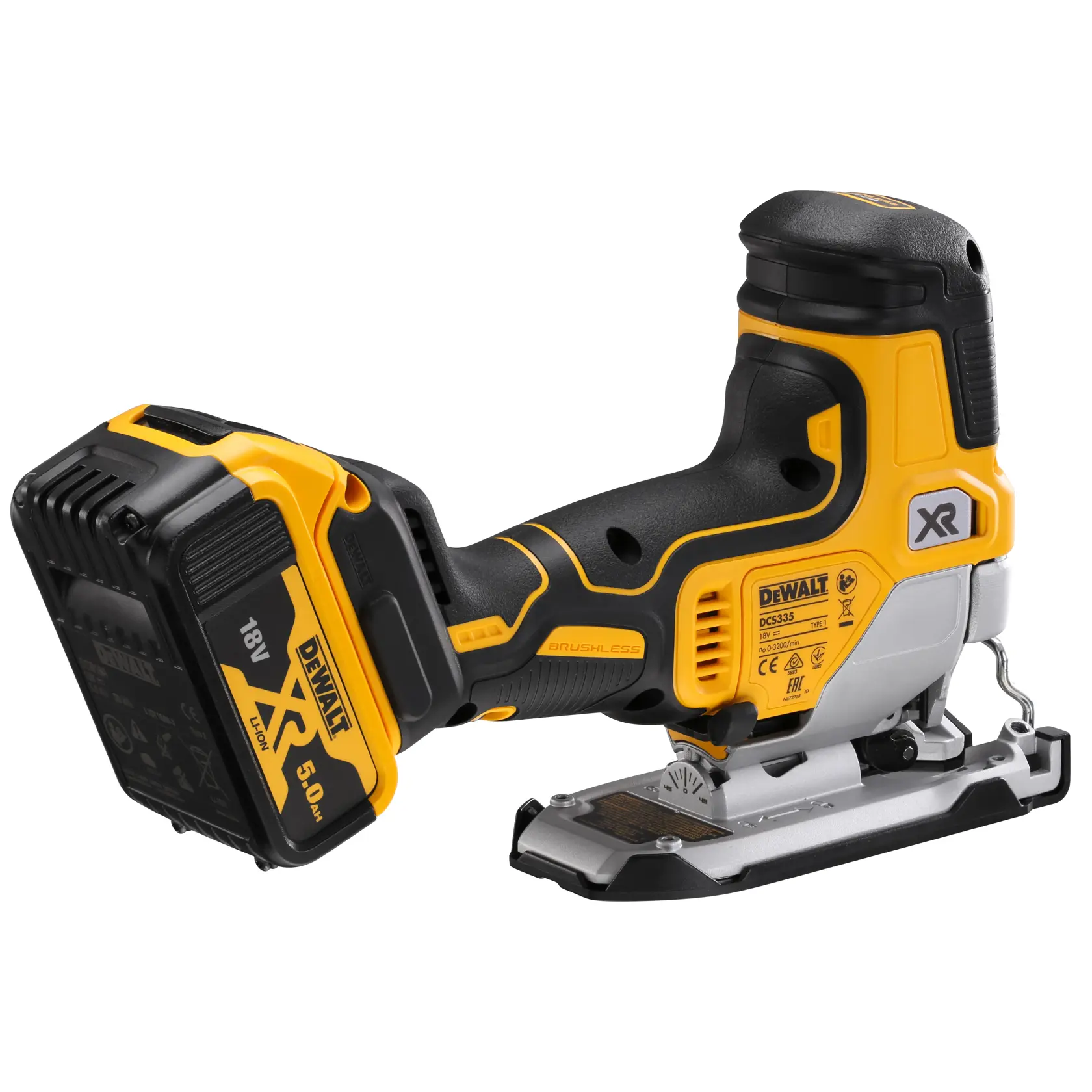 DEWALT DCS335P2 cordless jigsaw with 18V XR battery and brushless motor, shown in yellow and black.
