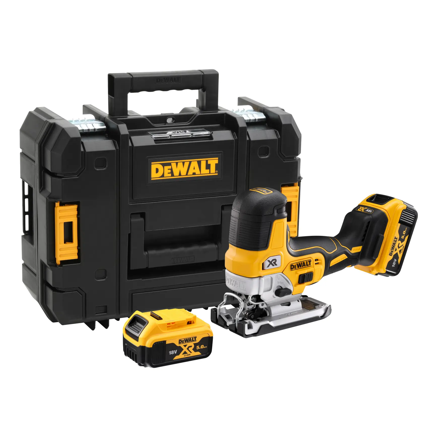 DEWALT cordless jigsaw set including a black and yellow jigsaw, two 18V XR lithium-ion batteries, and a sturdy black carrying case with DEWALT branding.
