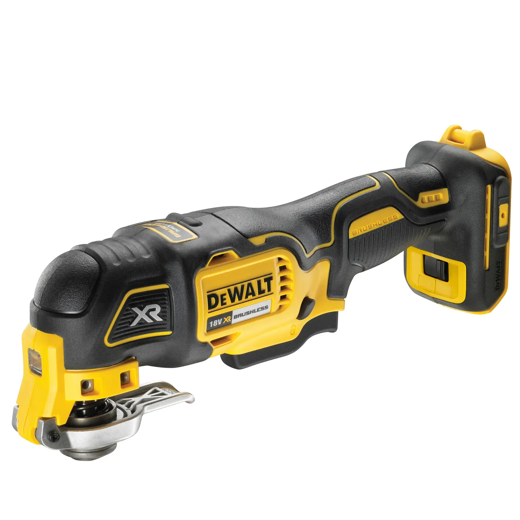 DEWALT cordless oscillating multi-tool, black and yellow, model DCS356NT, 18V XR brushless, for various tasks.