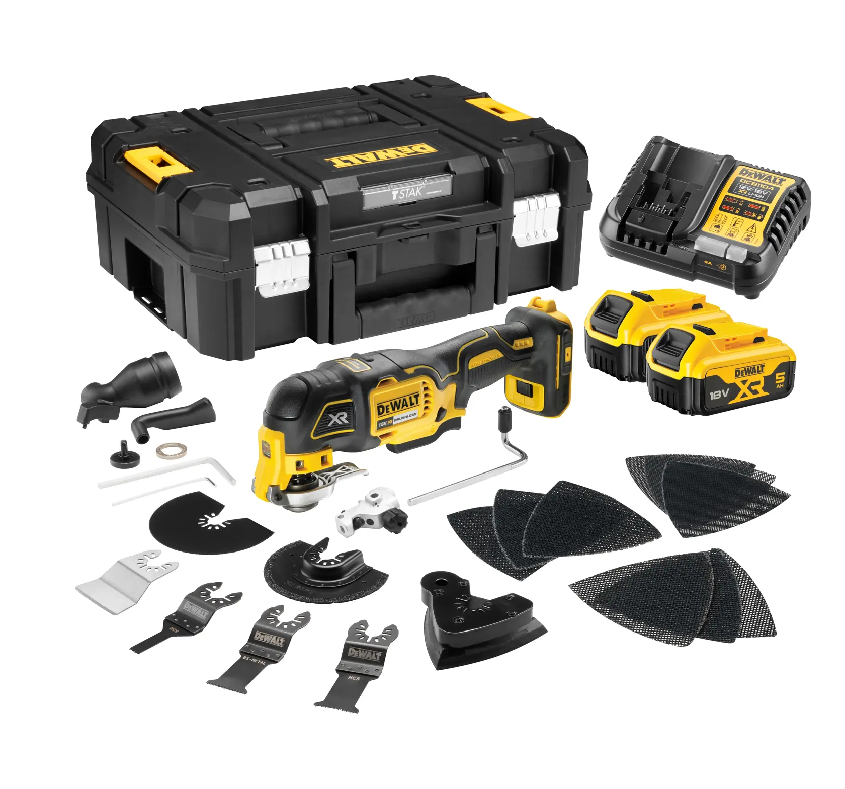 Set de herramienta oscilante DEWALT con maleta, cargador, baterías, hojas, almohadillas y accesorios.