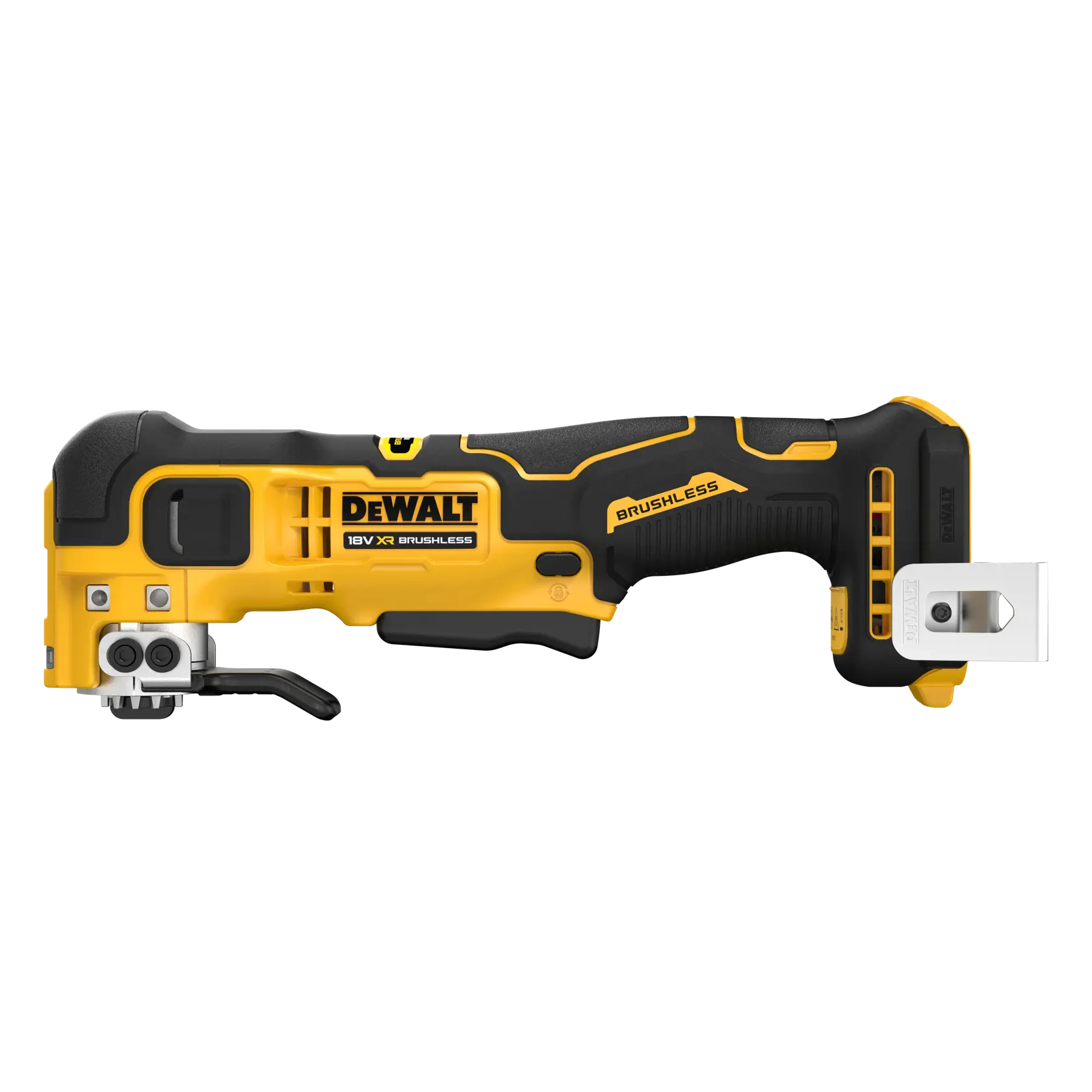DEWALT 18V XR brushless oscillating multi-tool with black and yellow body, side view.