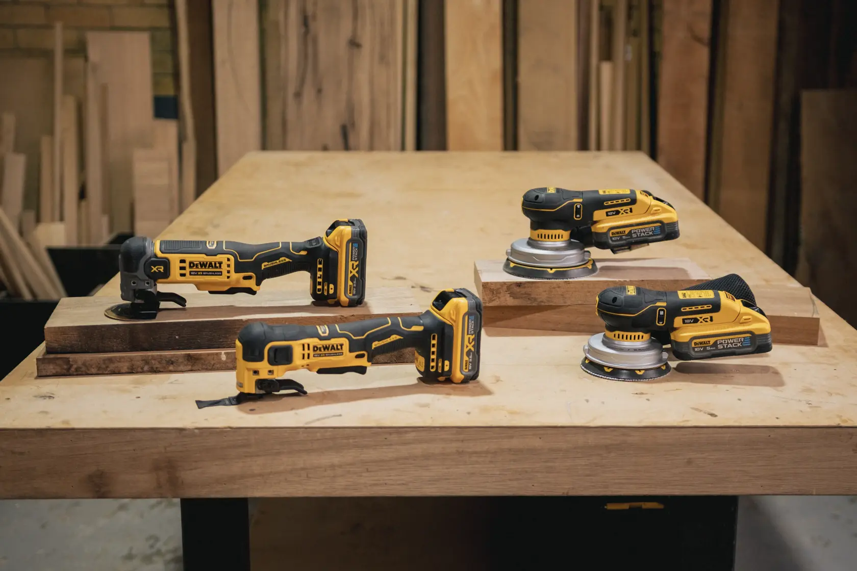 Four DEWALT cordless power tools on a wooden table in a workshop, including sanders and oscillating multi-tools.