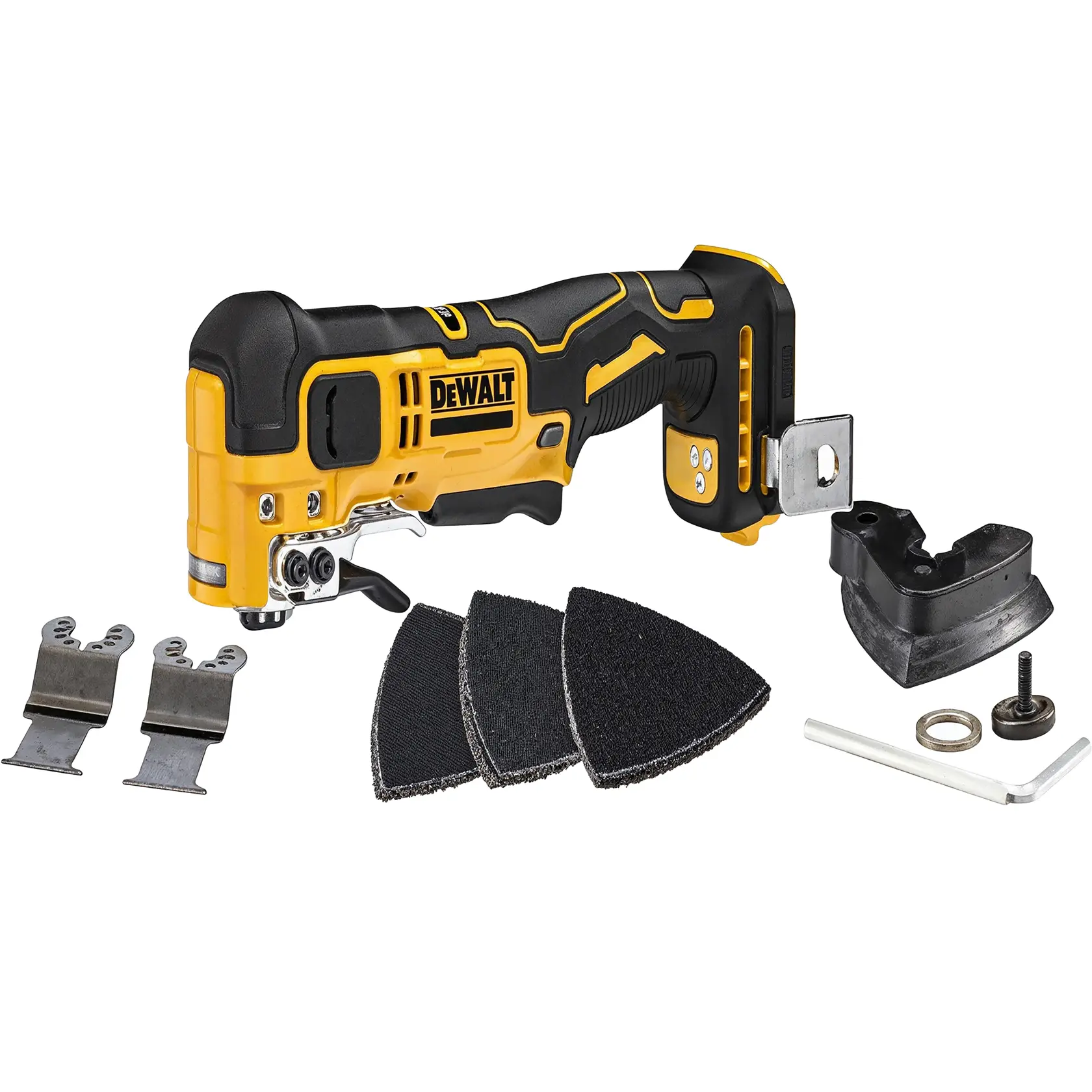 DEWALT cordless multi-tool with sanding pads, blades, wrench, and accessories shown on a white background.